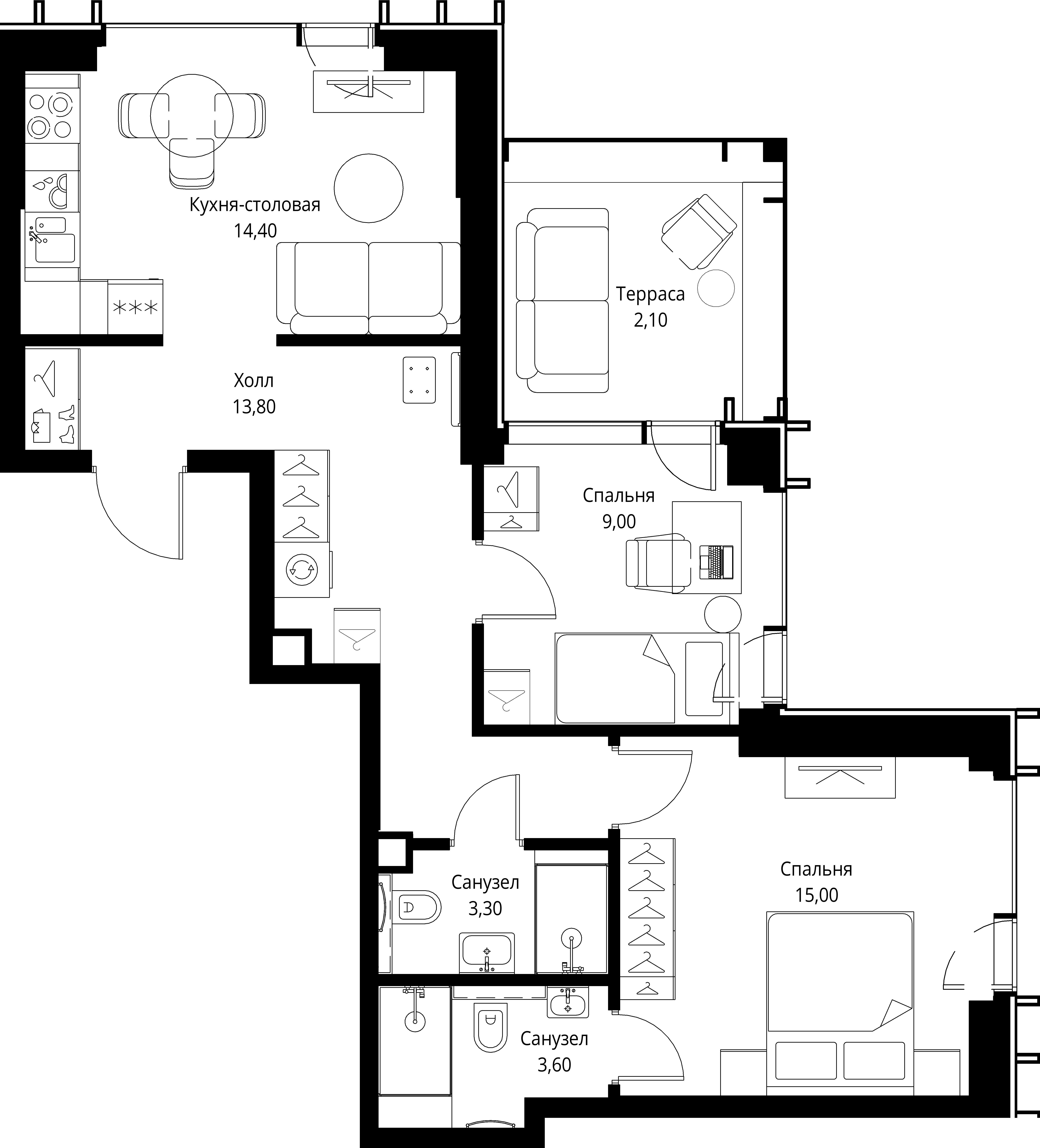 2-комнатная, 61,2 м² — 38 702 880 ₽