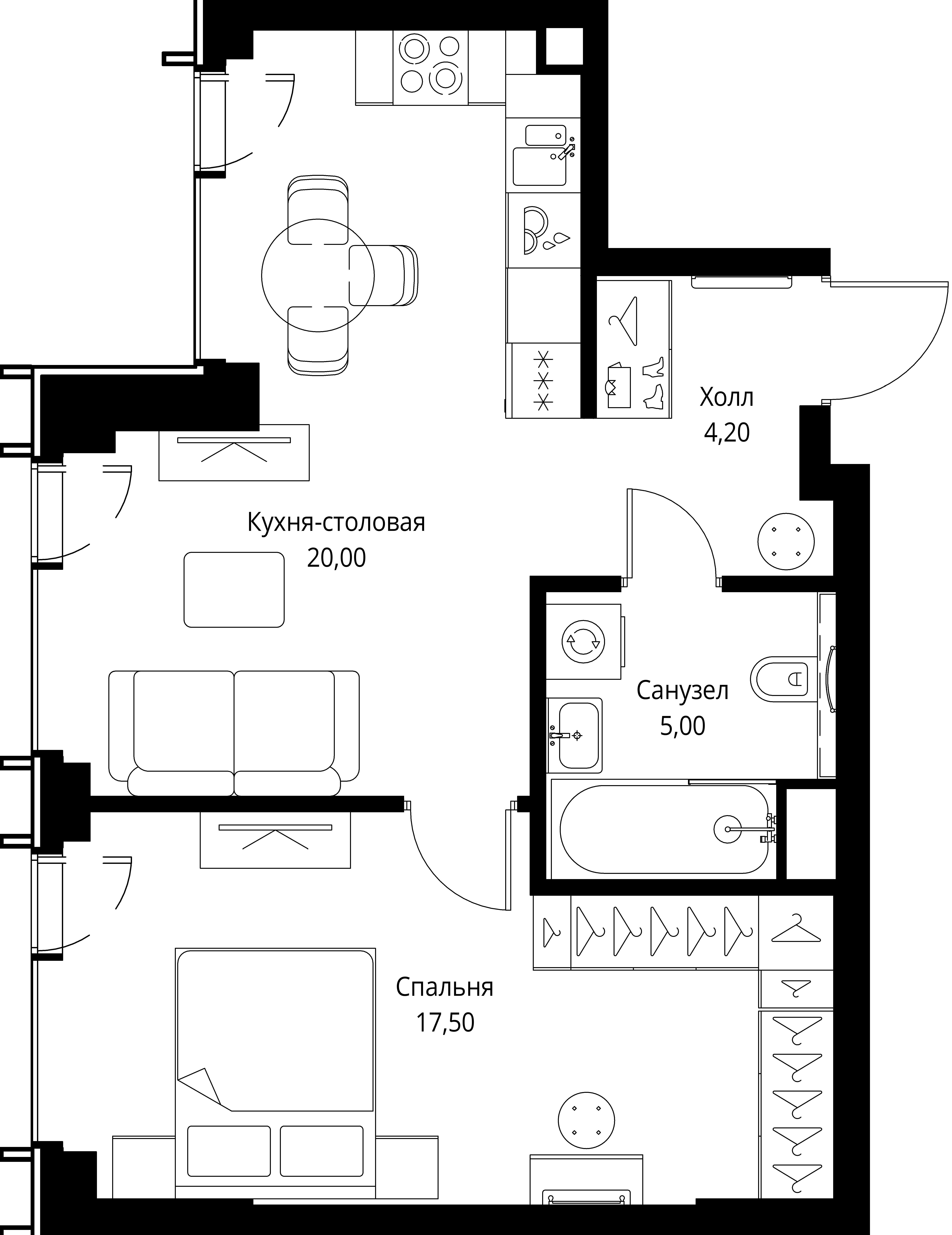 1-комнатная, 46,7 м² — 25 404 800 ₽