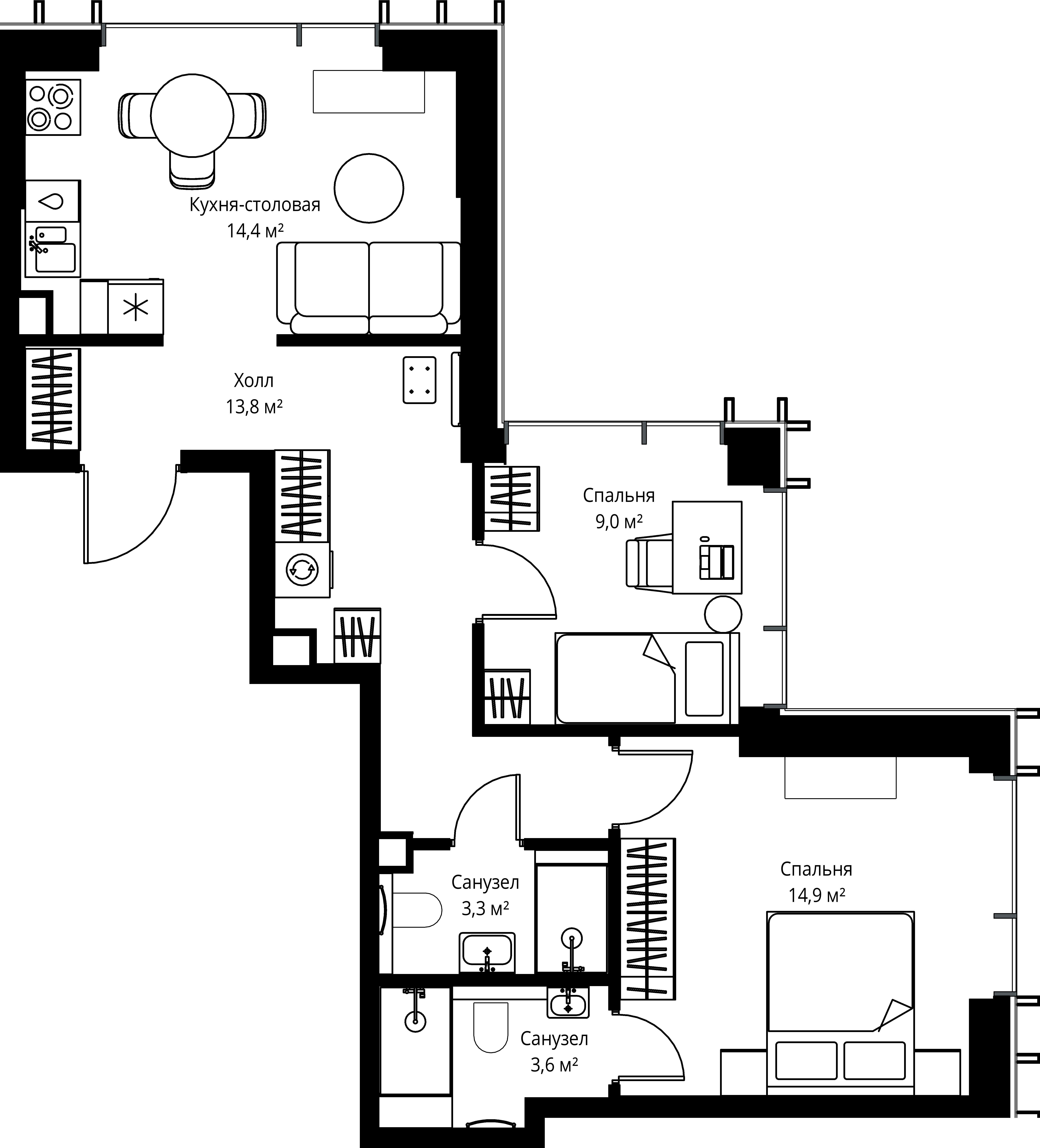 2-комнатная, 59 м² — 28 735 950 ₽