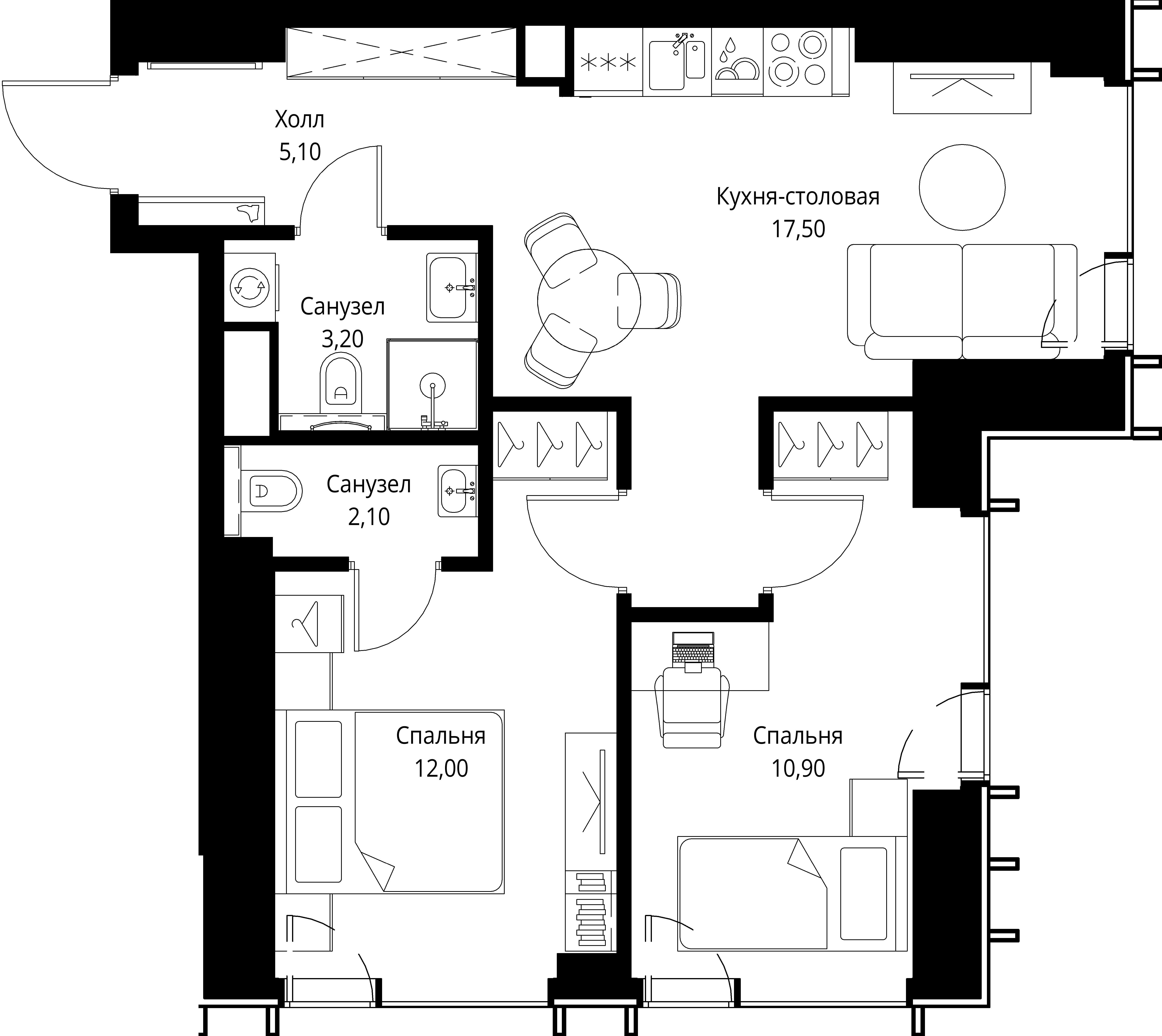2-комнатная, 50,8 м² — 27 289 760 ₽