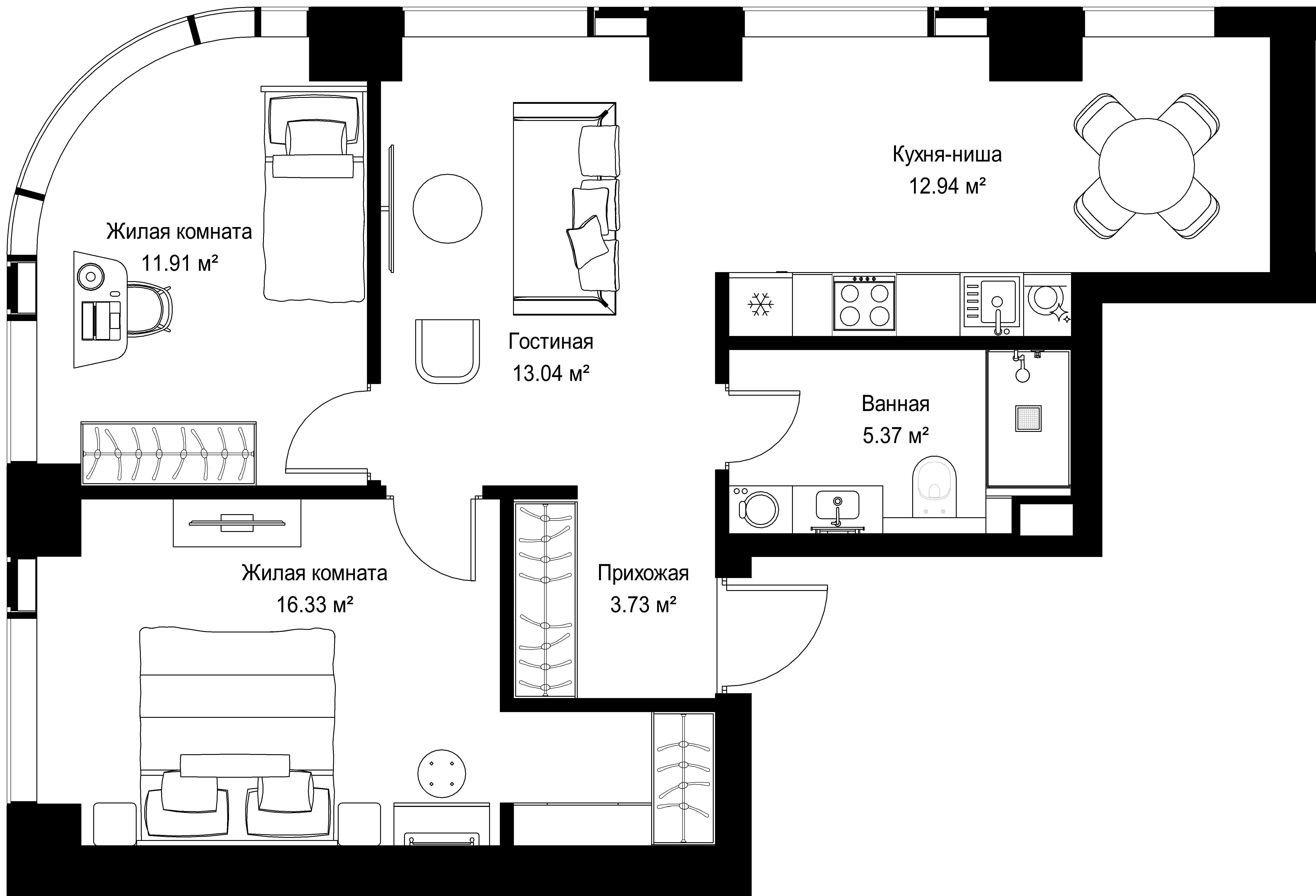 2-комнатная, 63,32 м² — 27 879 796 ₽