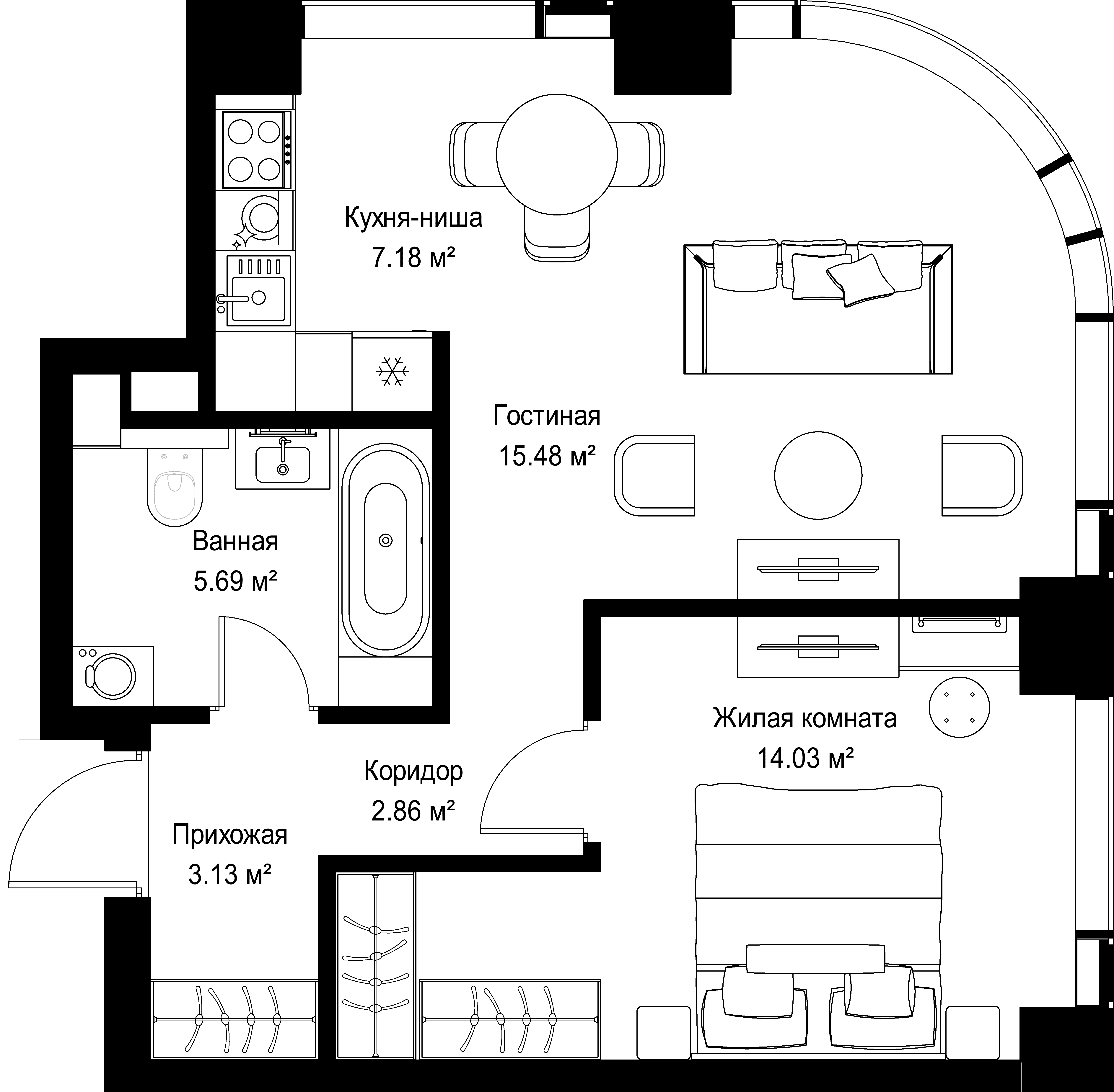 1-комнатная, 48,37 м² — 26 025 478 ₽