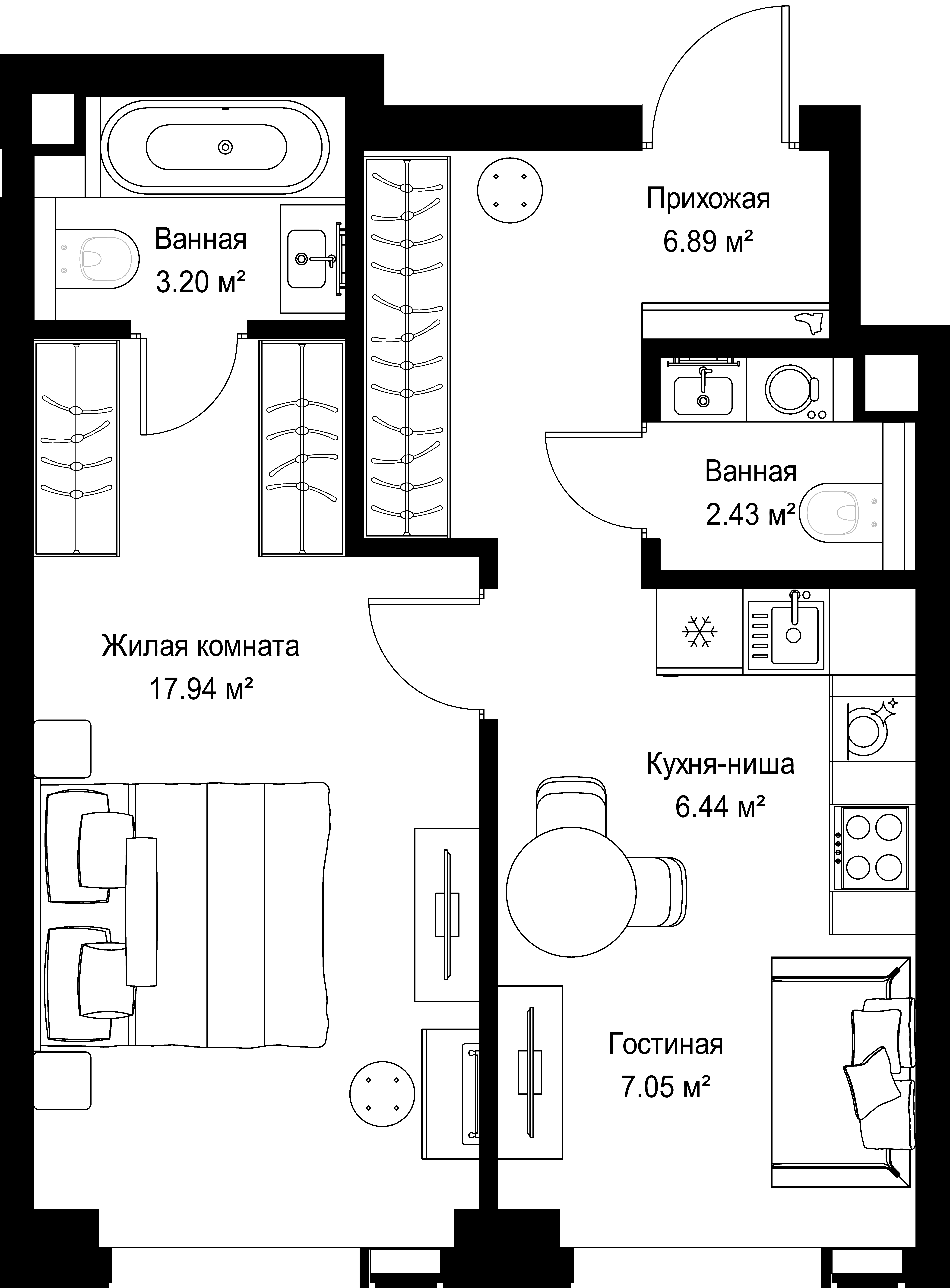 1-комнатная, 43,95 м² — 30 035 430 ₽