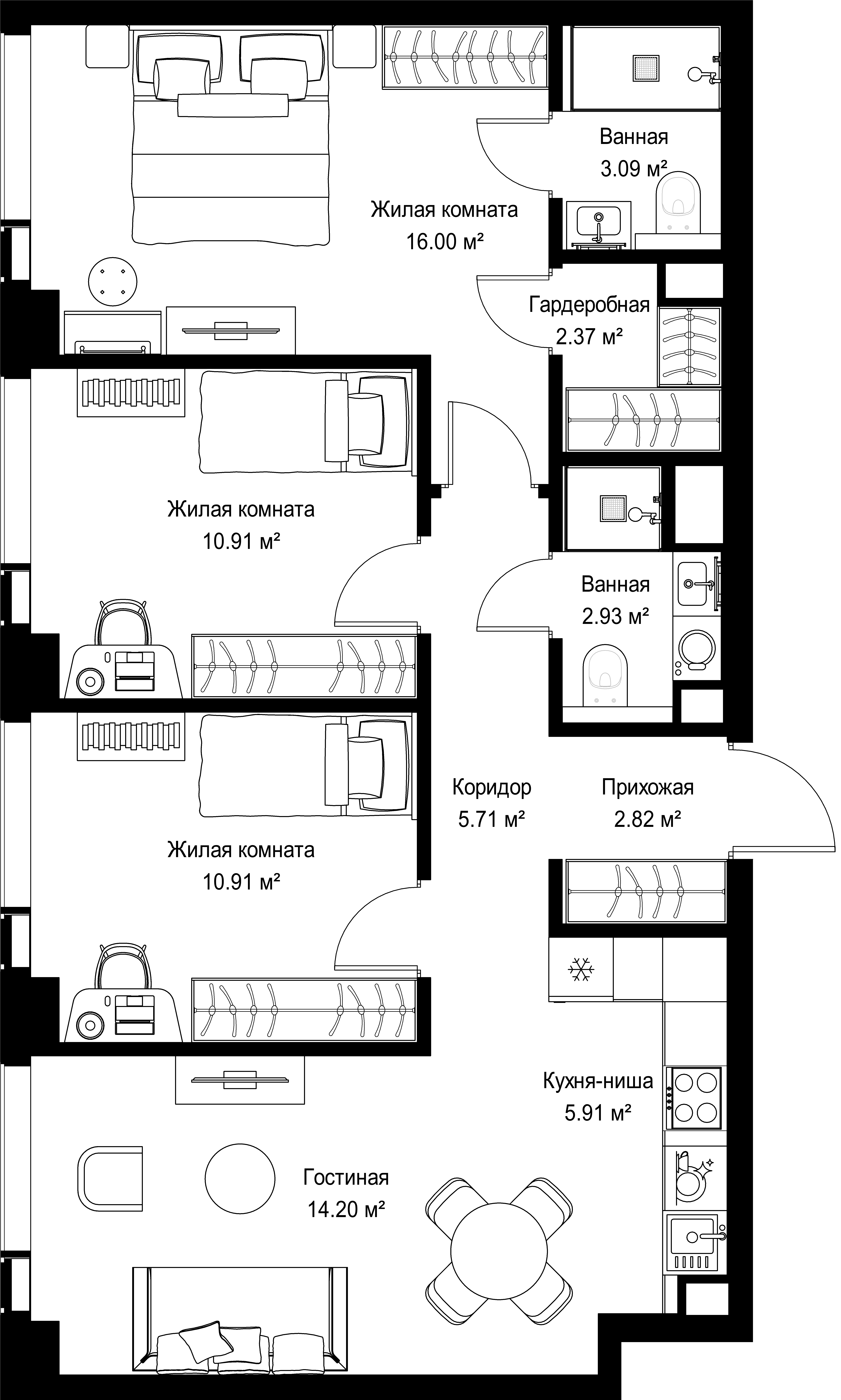 3-комнатная, 74,85 м² — 46 698 915 ₽