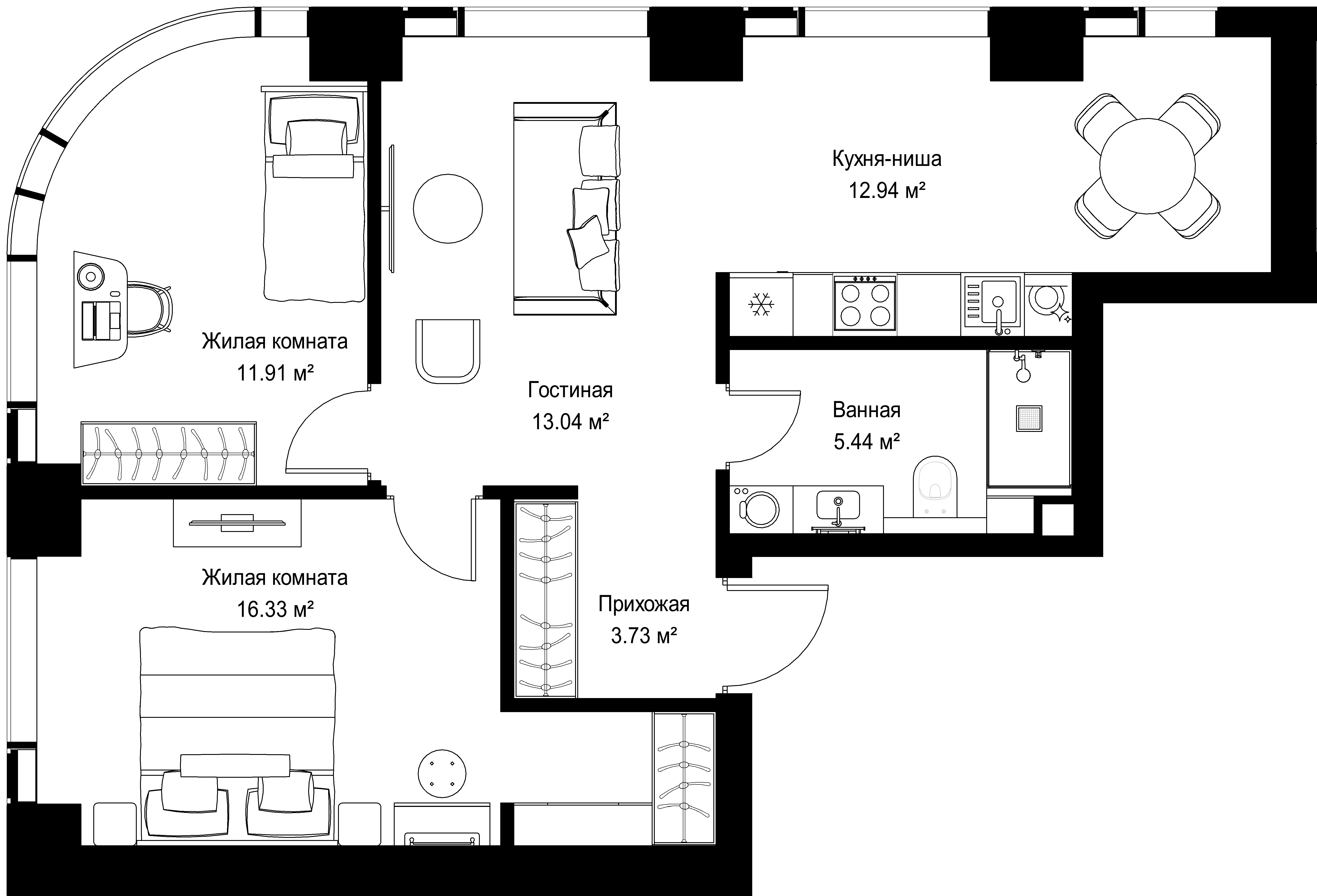 2-комнатная, 63,39 м² — 28 449 432 ₽