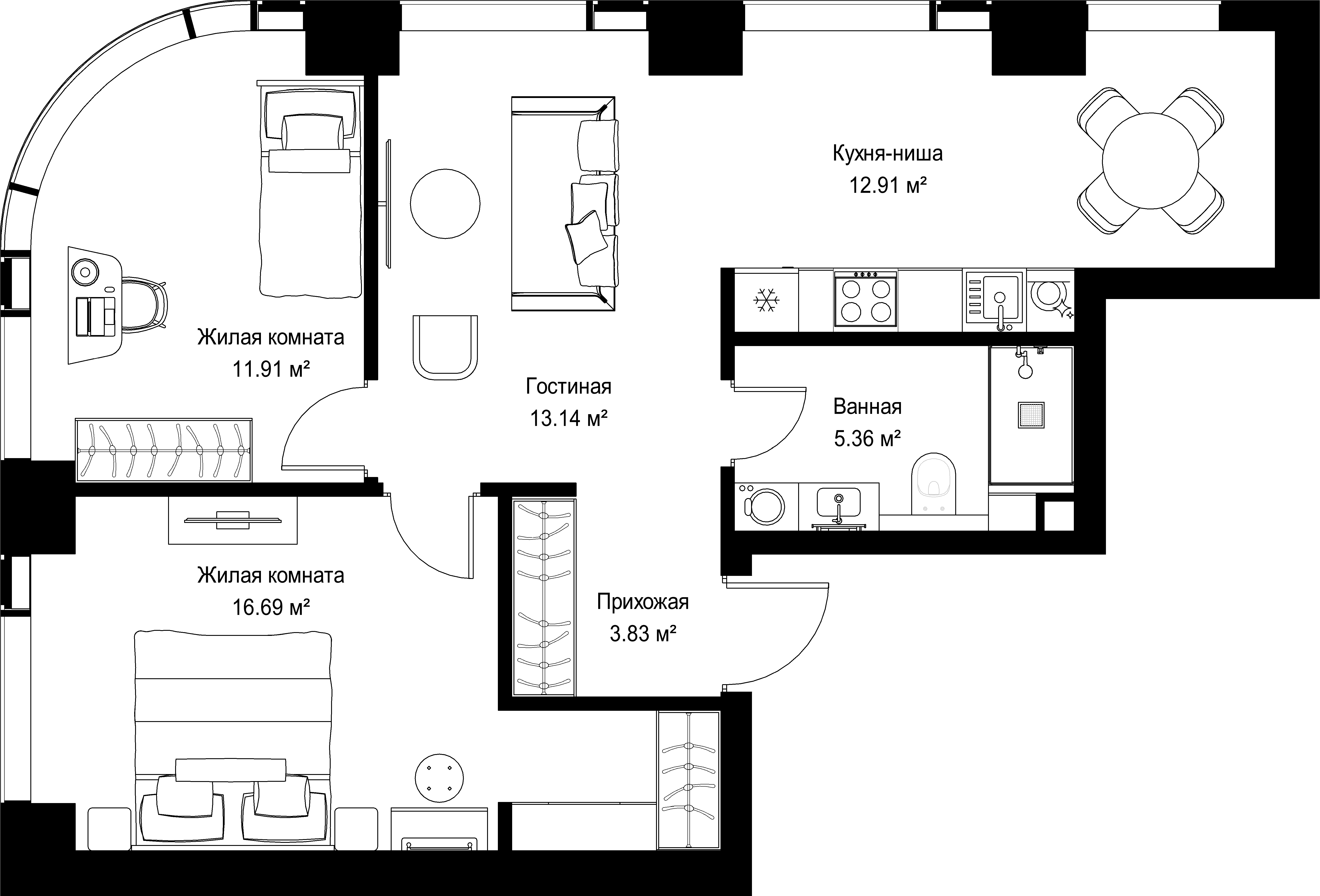 2-комнатная, 63,84 м² — 28 651 392 ₽