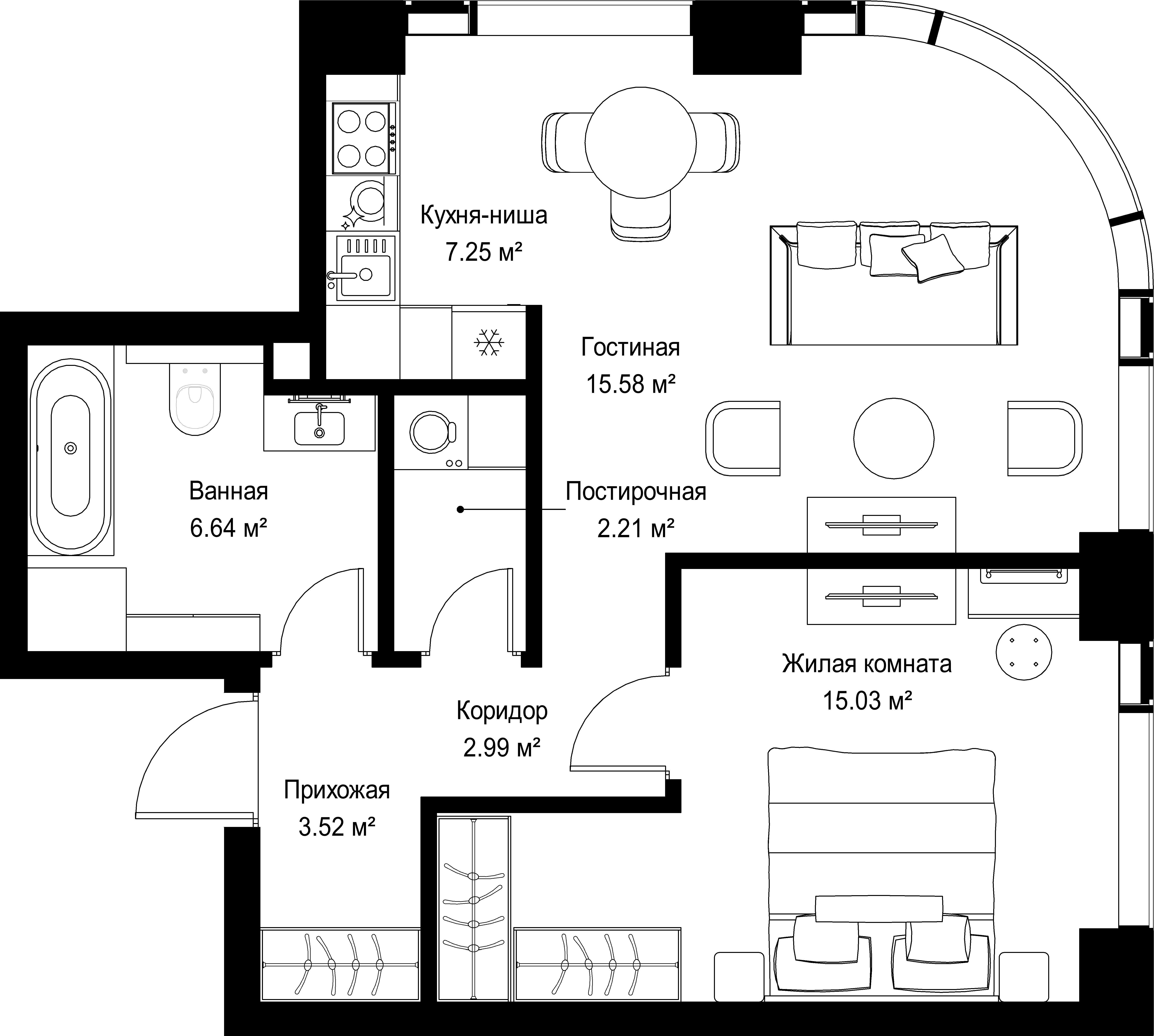1-комнатная, 53,22 м² — 28 544 547 ₽