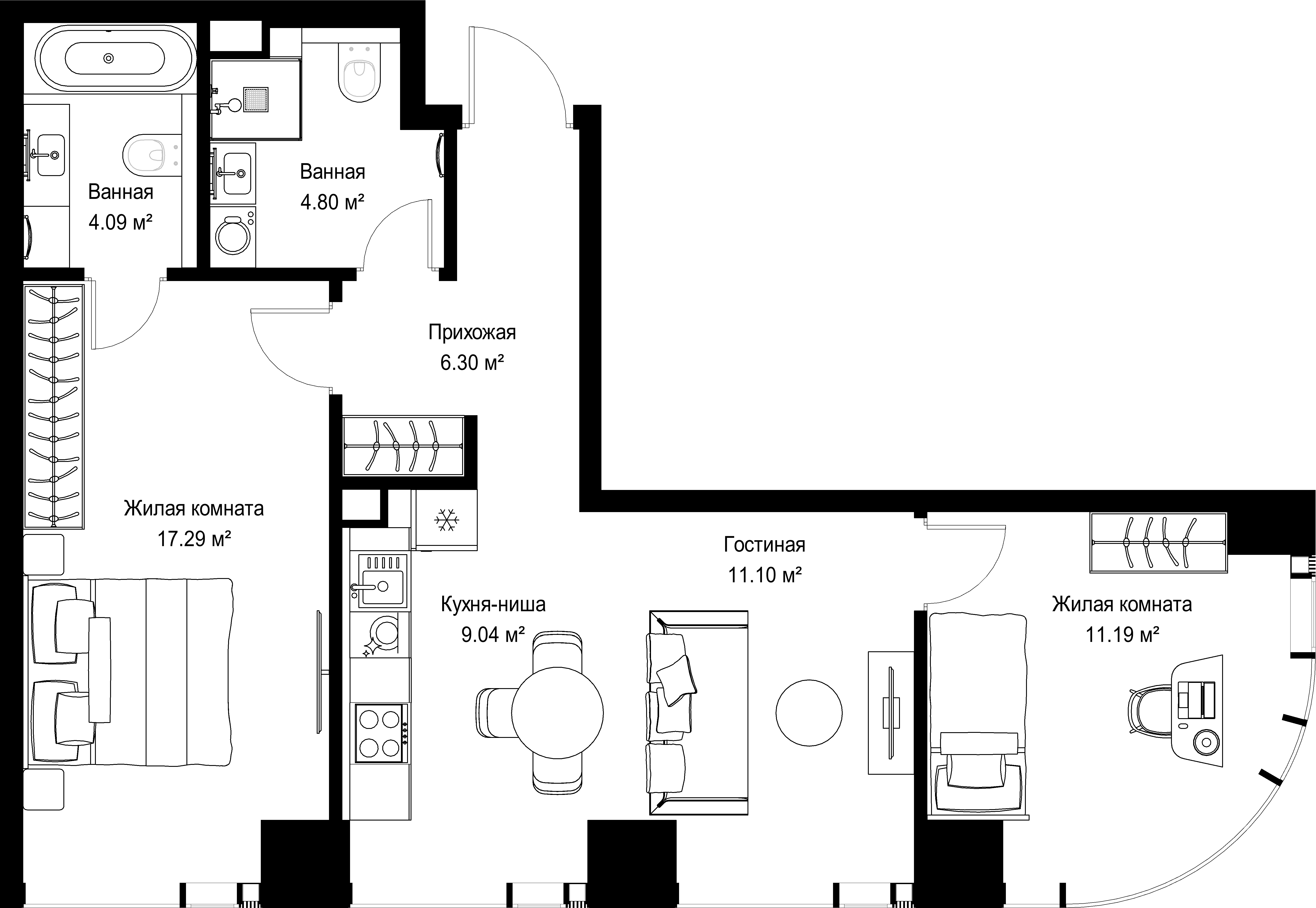 2-комнатная, 63,81 м² — 28 963 359 ₽