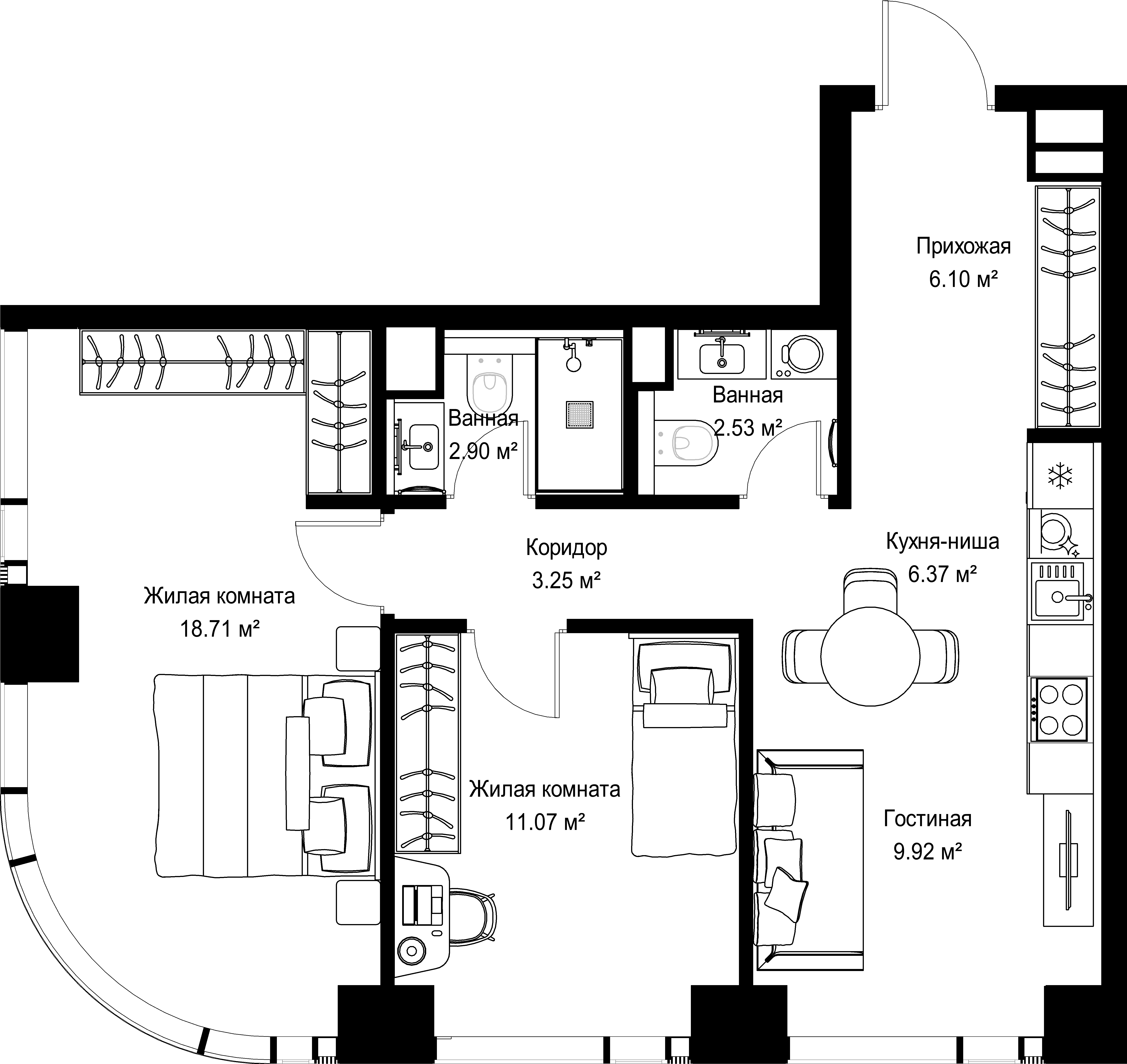 2-комнатная, 60,85 м² — 29 895 605 ₽