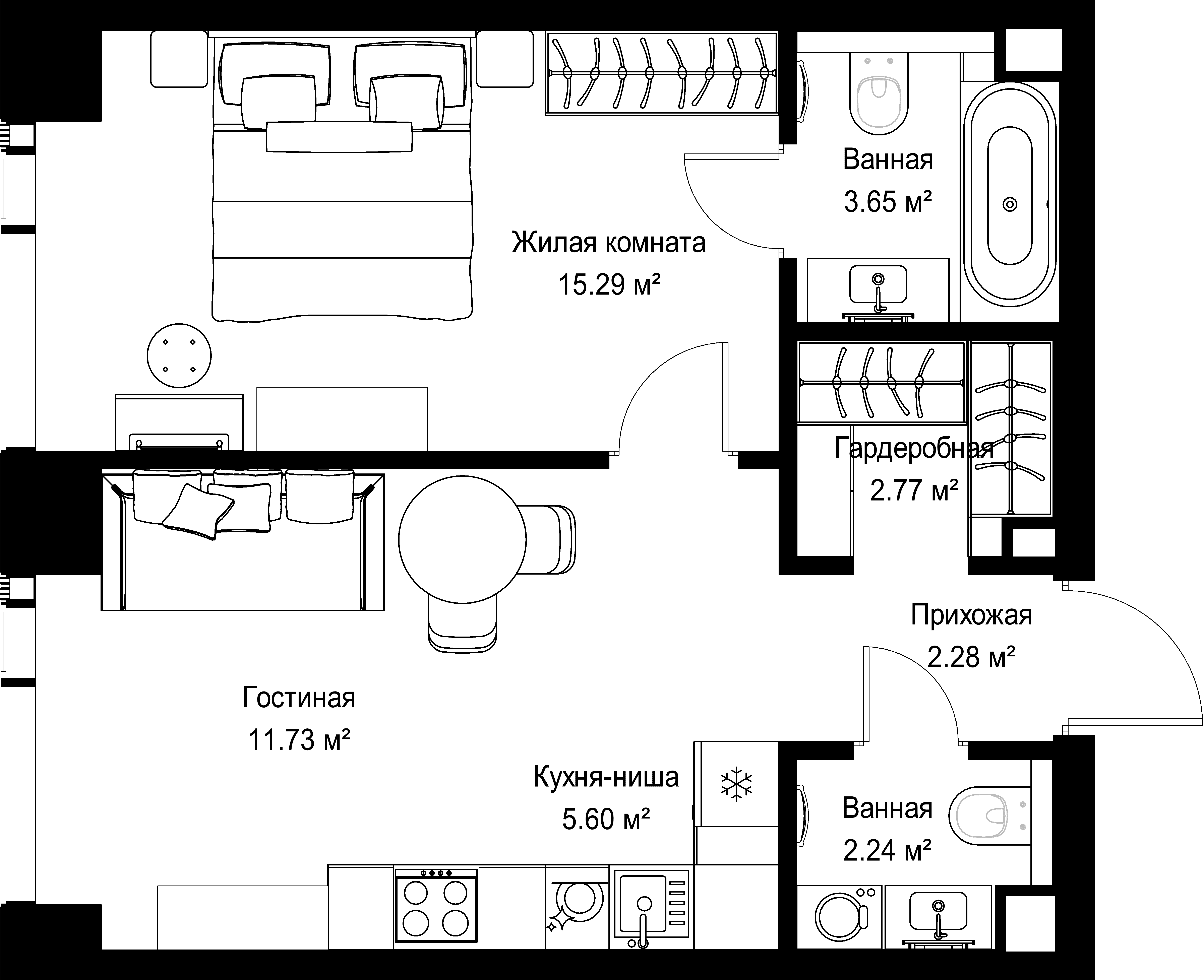 1-комнатная, 43,56 м² — 23 104 224 ₽