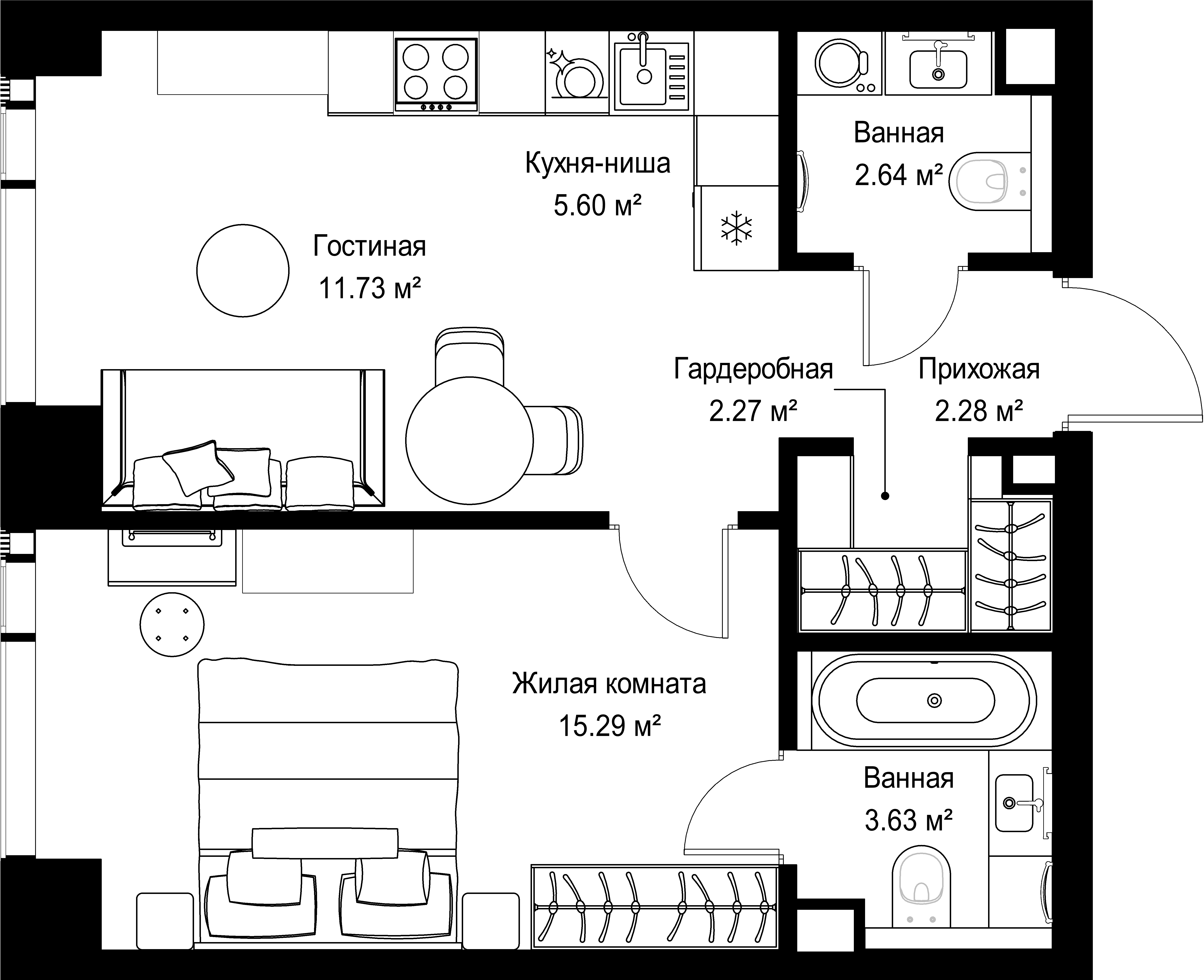 1-комнатная, 43,54 м² — 23 093 616 ₽