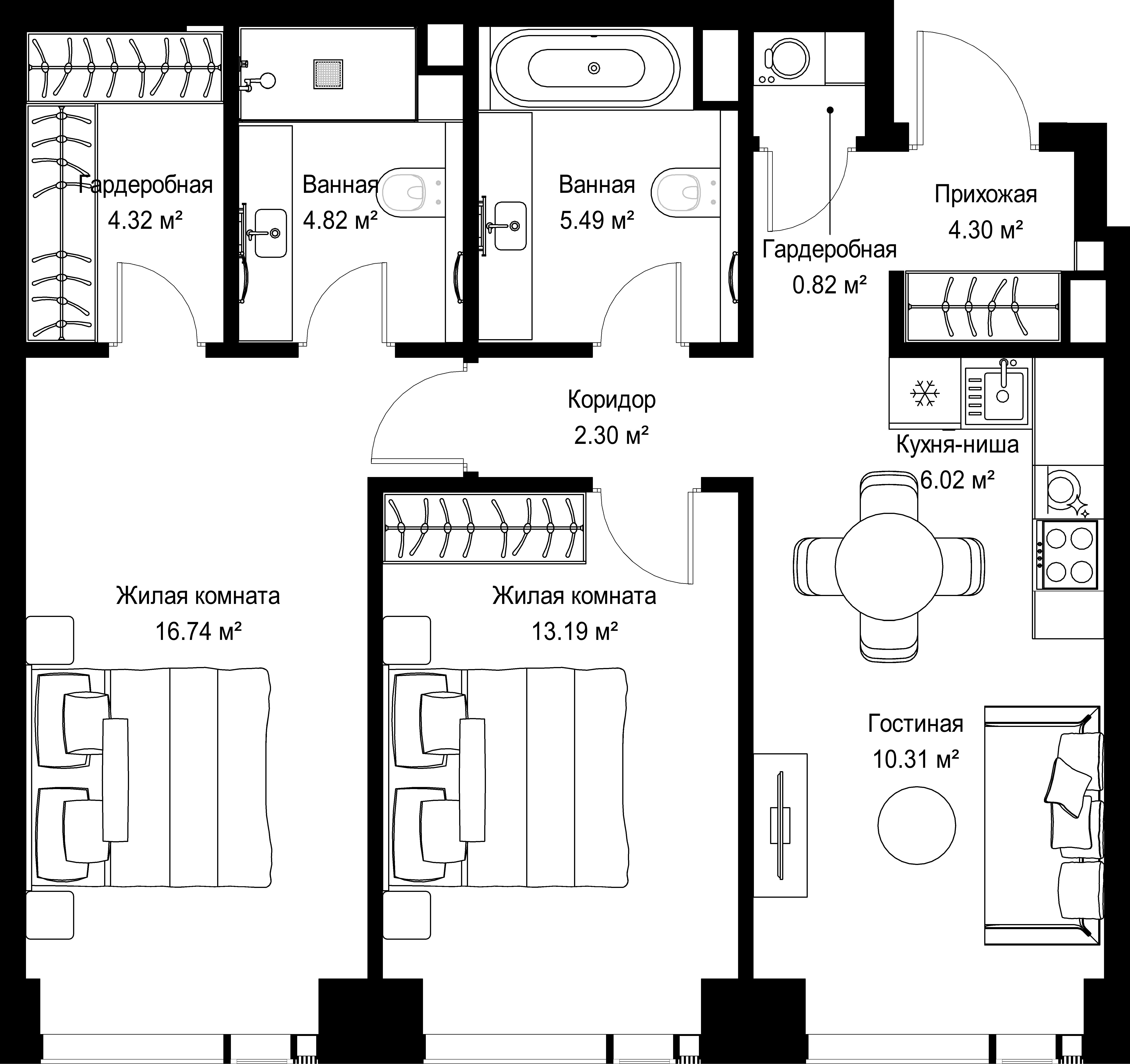 2-комнатная, 68,31 м² — 27 870 480 ₽
