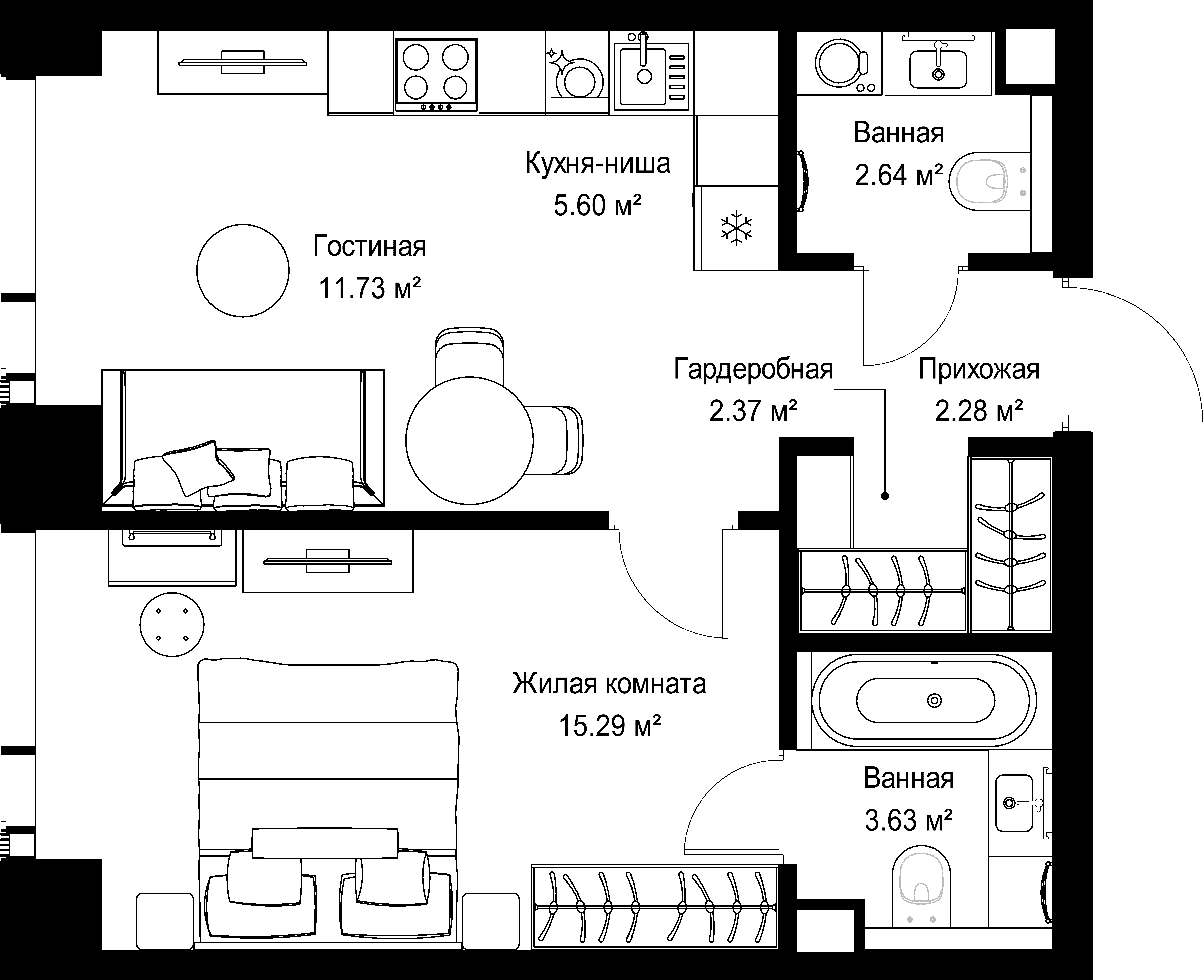 1-комнатная, 43,54 м² — 23 167 634 ₽