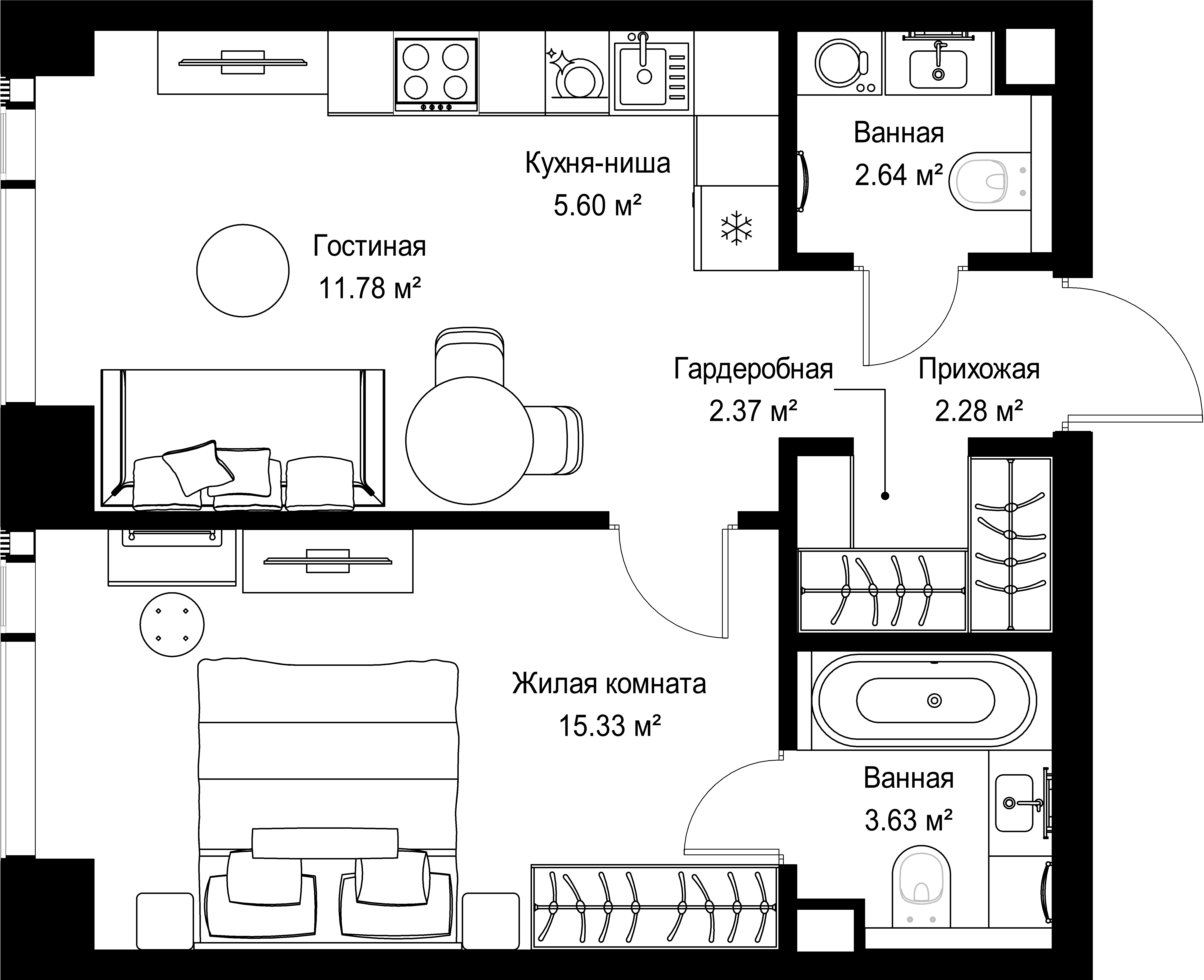 1-комнатная, 43,63 м² — 23 252 608 ₽