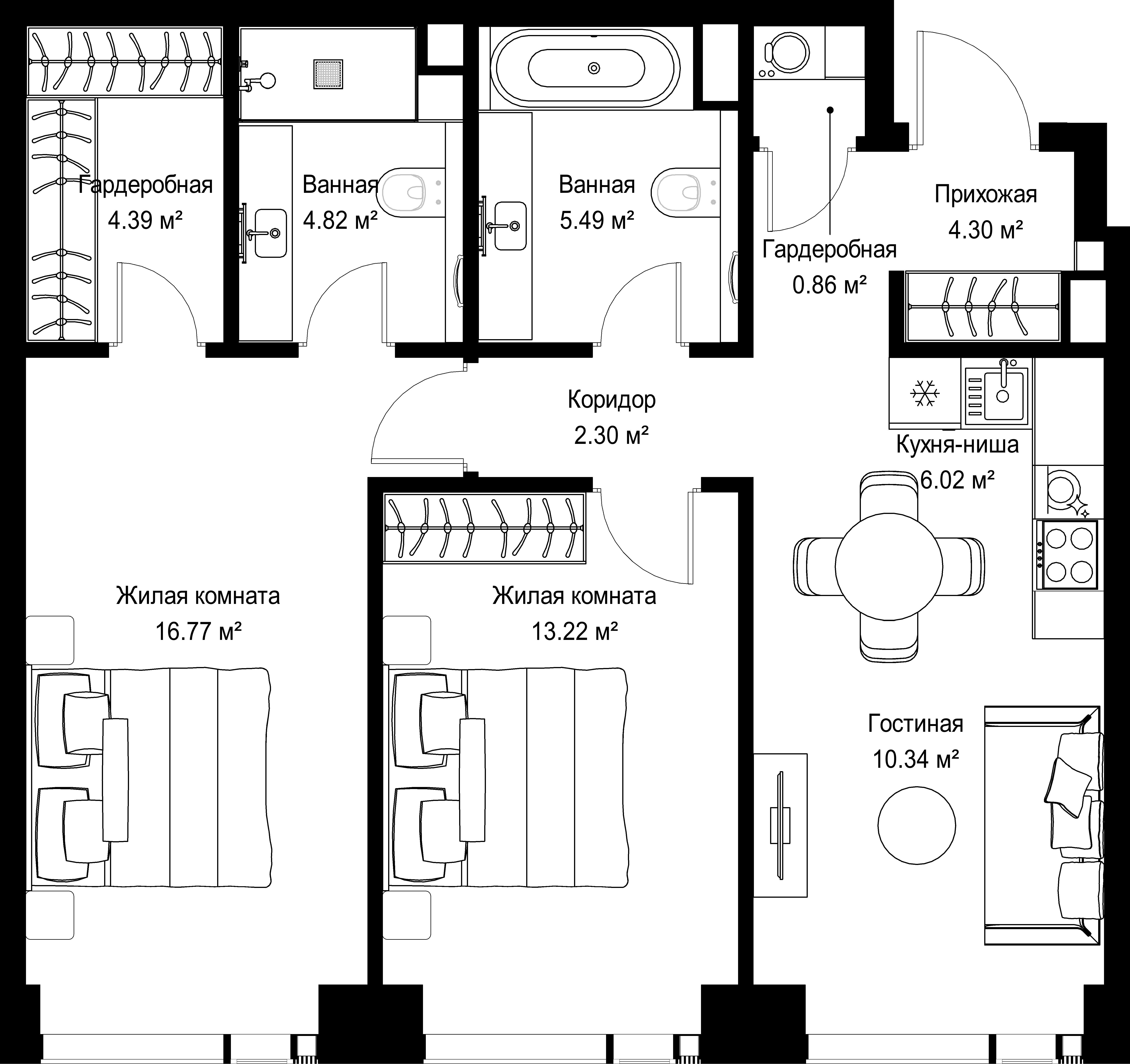 2-комнатная, 68,51 м² — 29 873 785 ₽