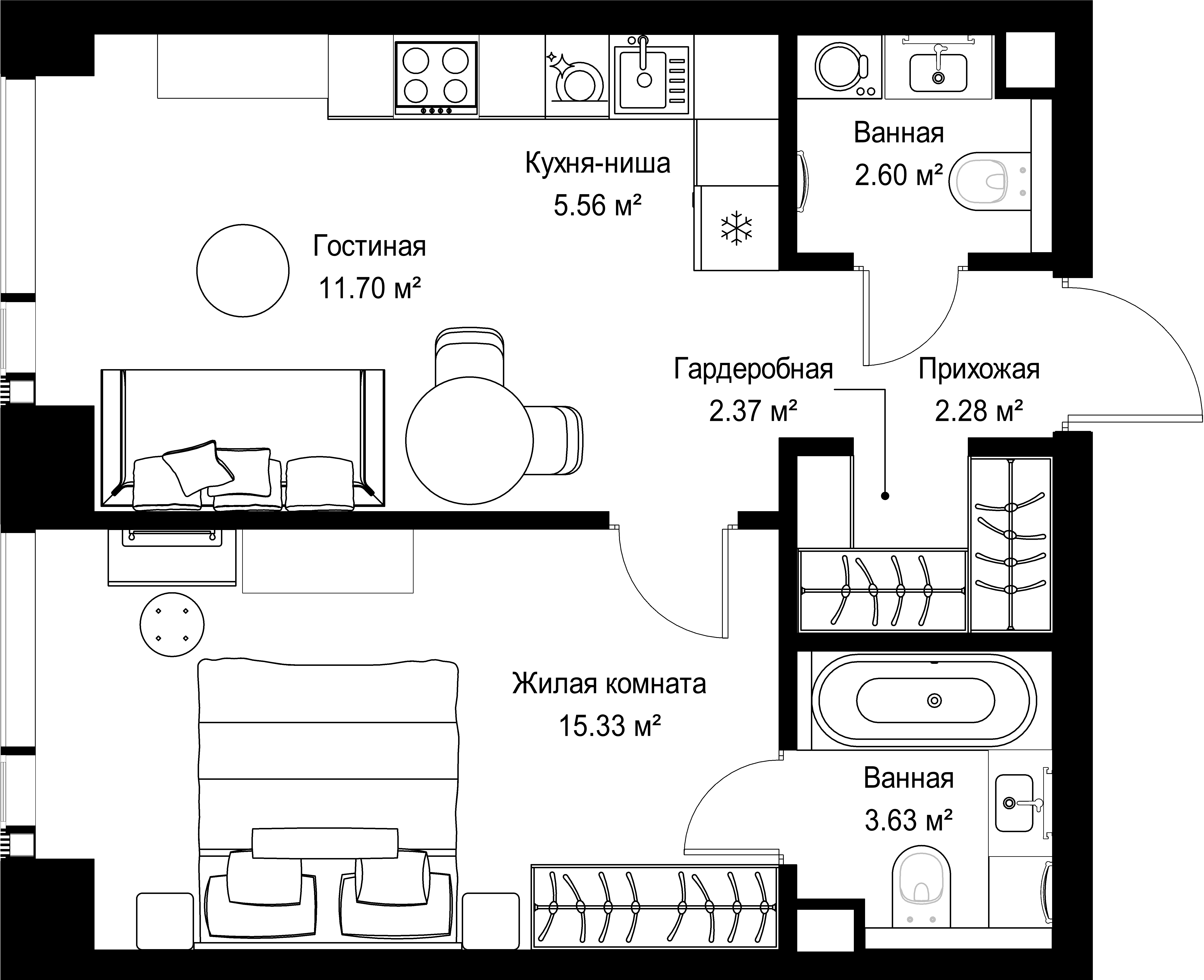 1-комнатная, 43,47 м² — 23 241 235 ₽
