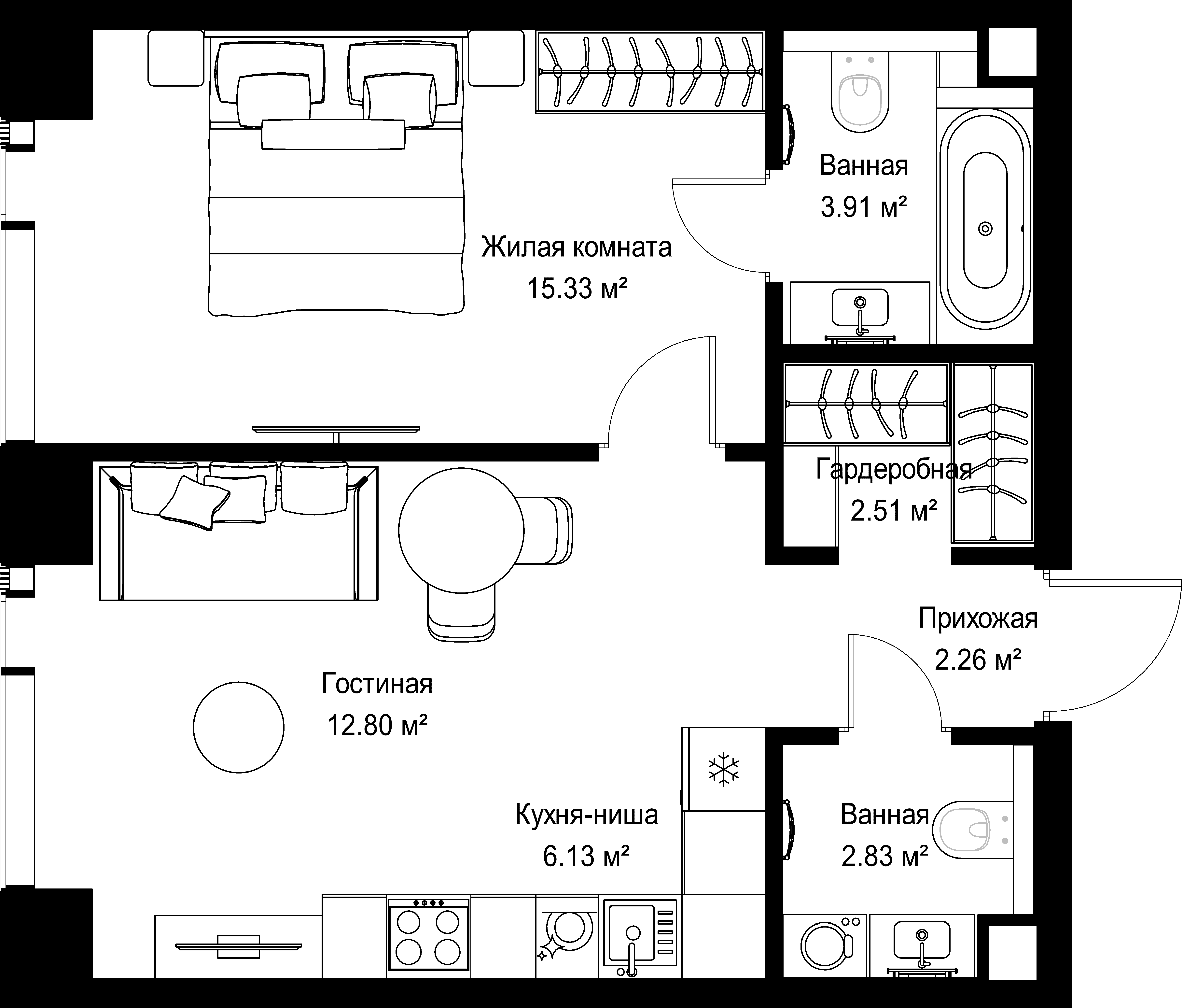 1-комнатная, 45,77 м² — 23 342 700 ₽