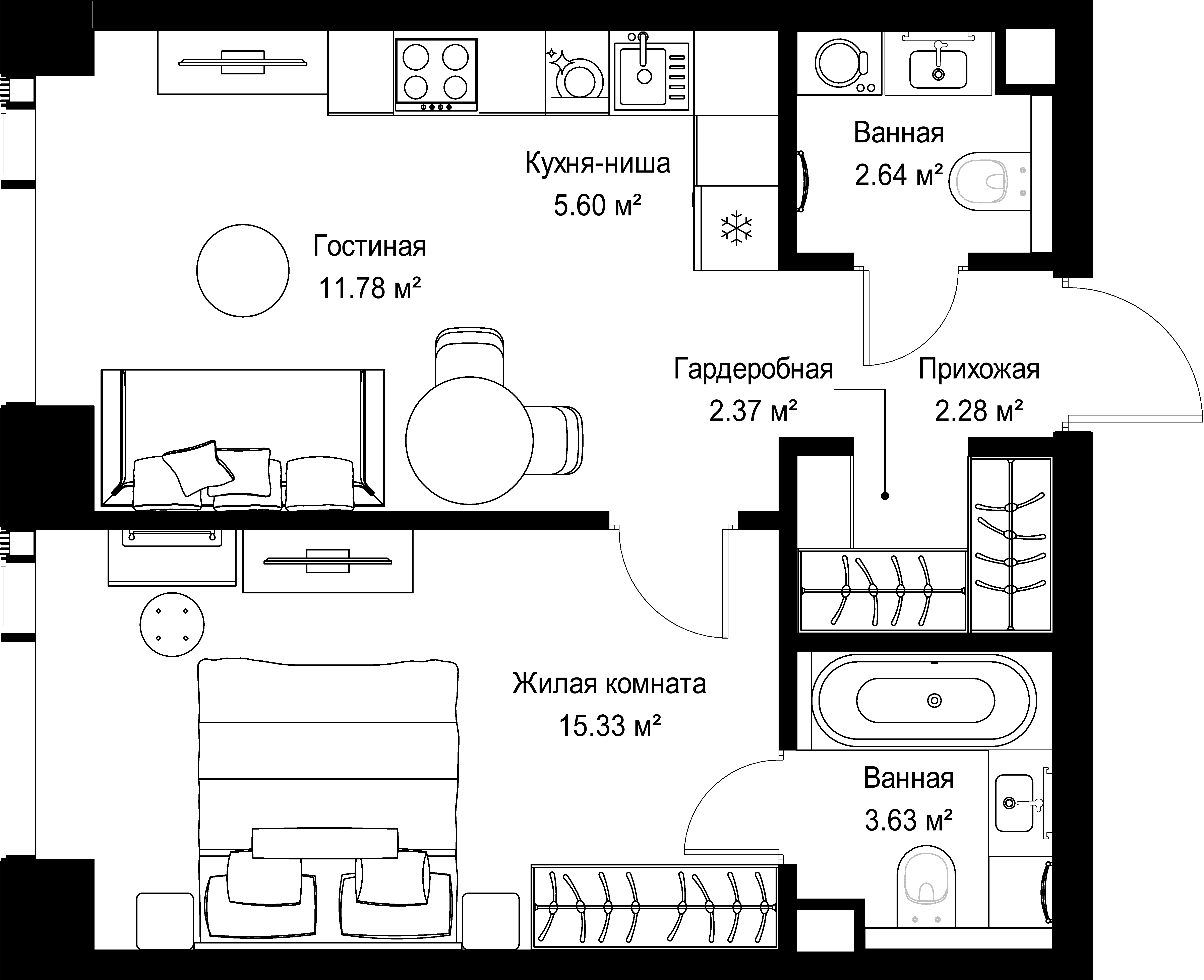 1-комнатная, 43,63 м² — 23 400 950 ₽