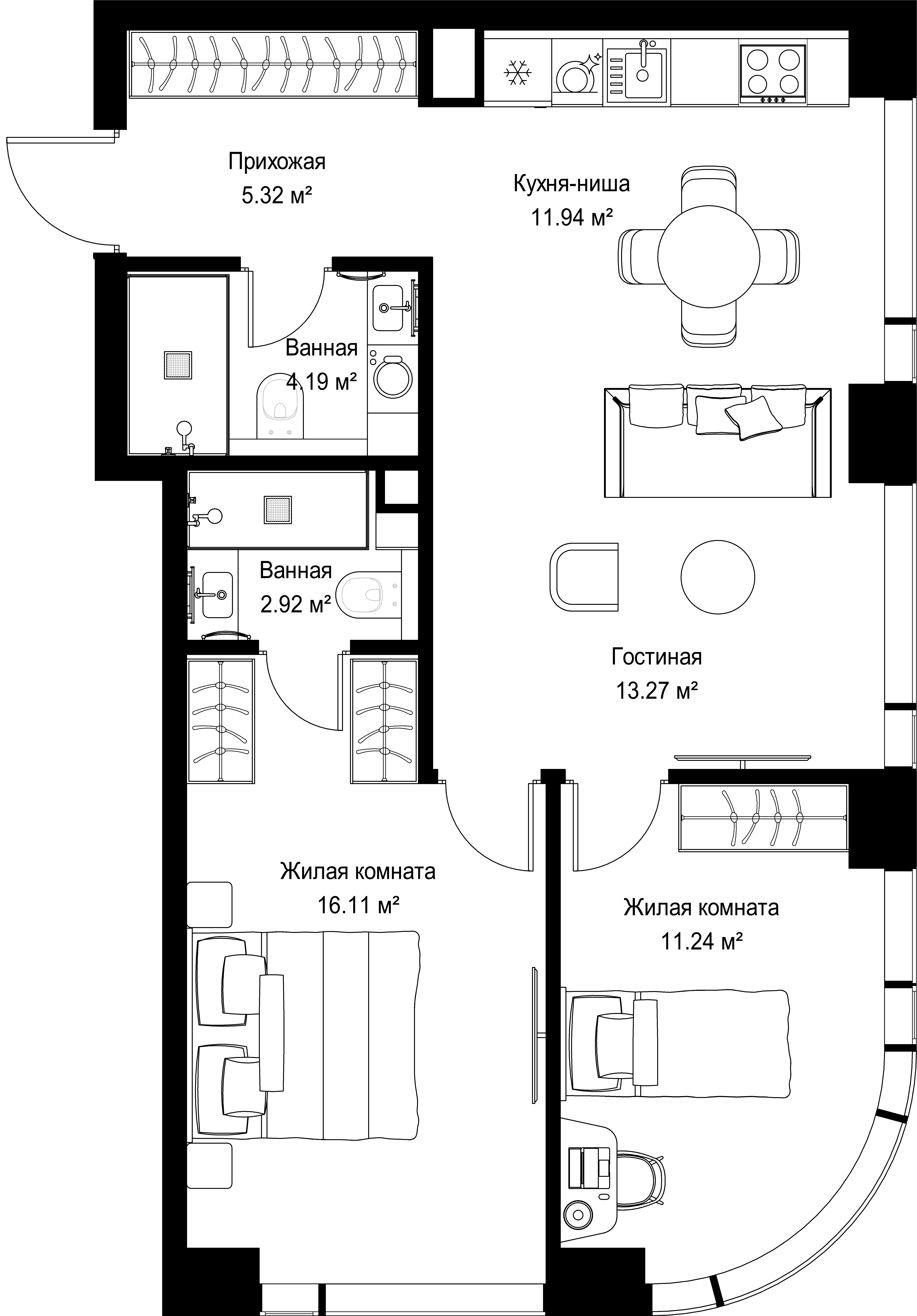 2-комнатная, 64,99 м² — 30 217 100 ₽