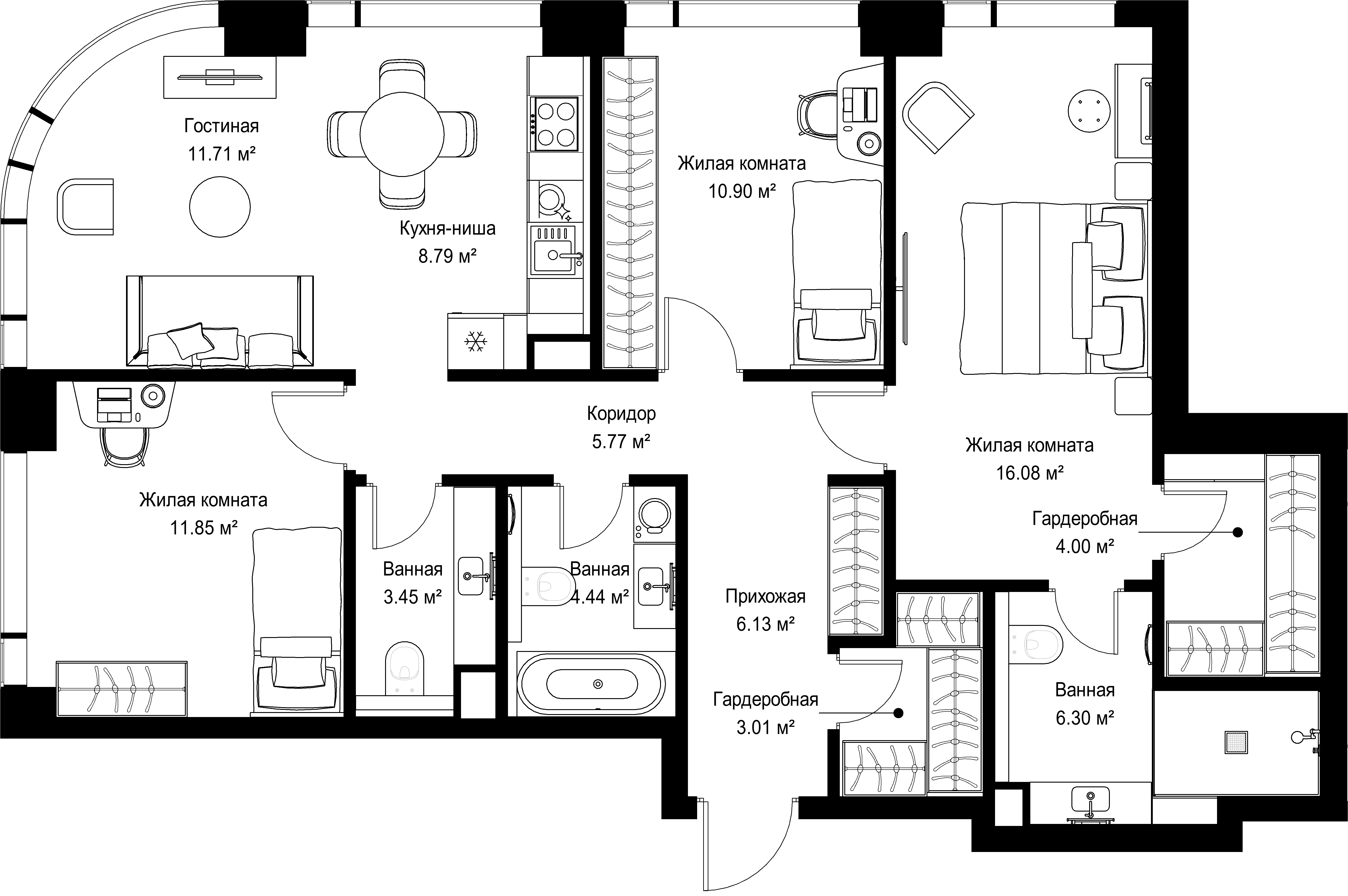 3-комнатная, 92,43 м² — 44 310 942 ₽
