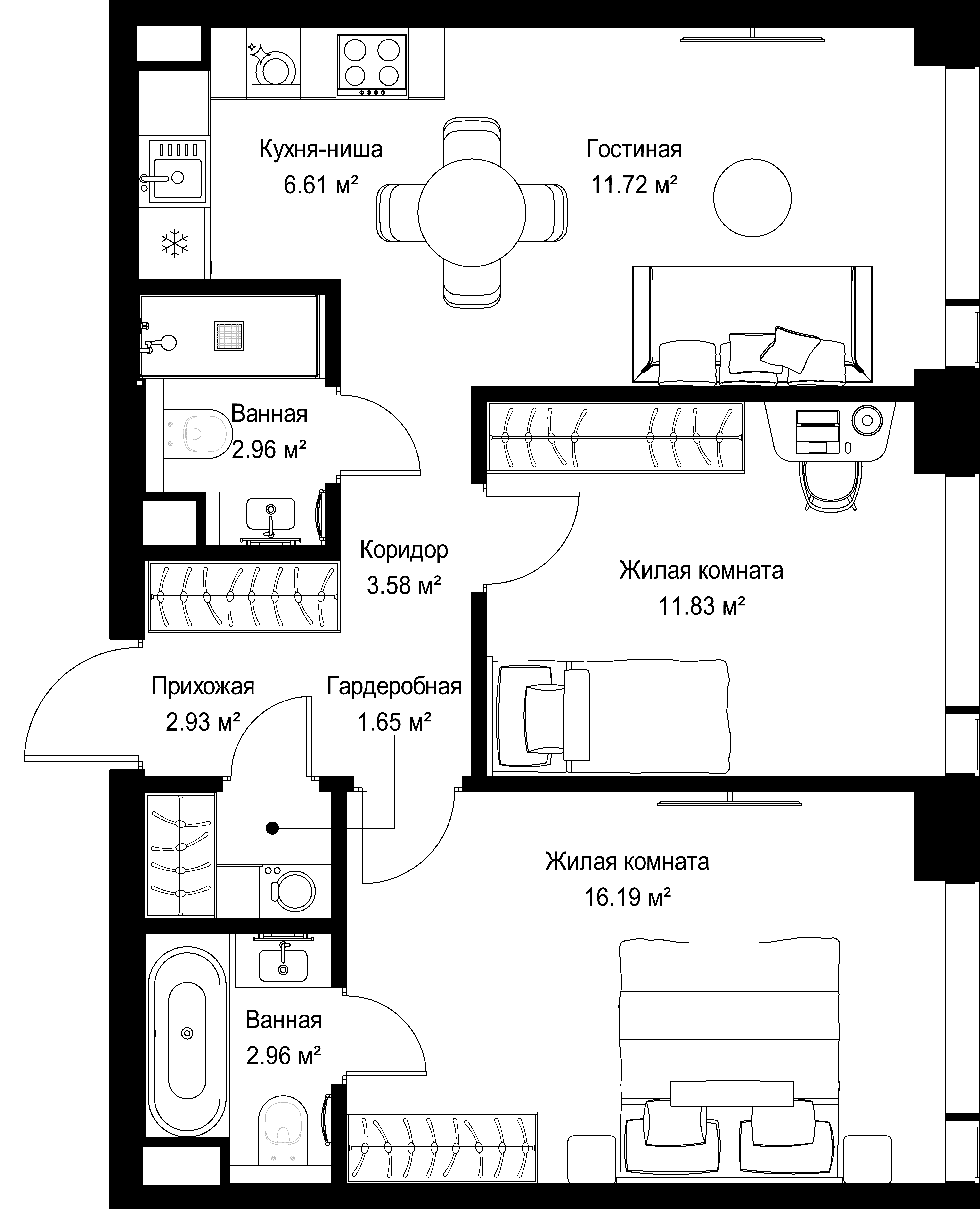 2-комнатная, 60,43 м² — 27 072 640 ₽