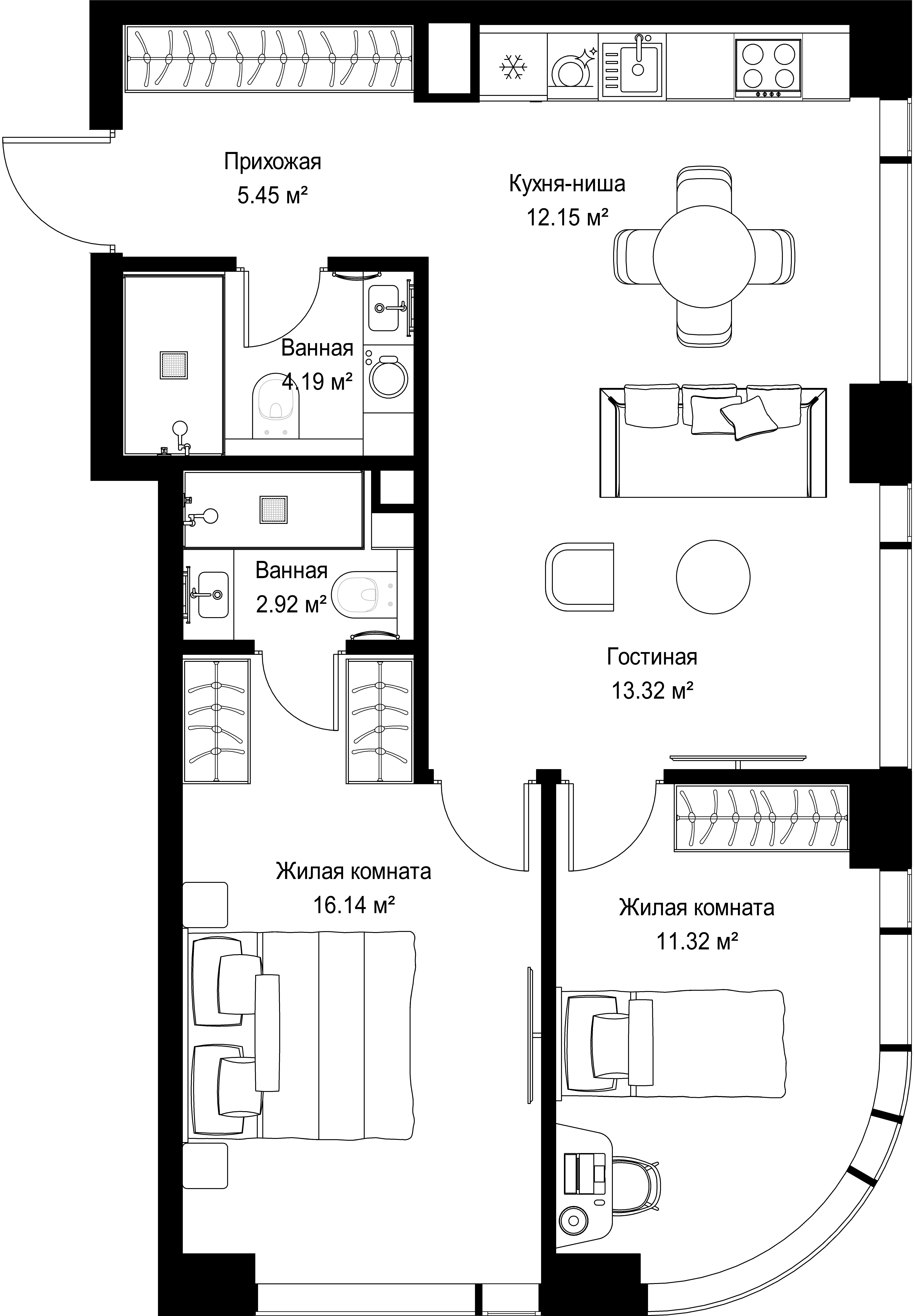 2-комнатная, 65,49 м² — 29 287 128 ₽