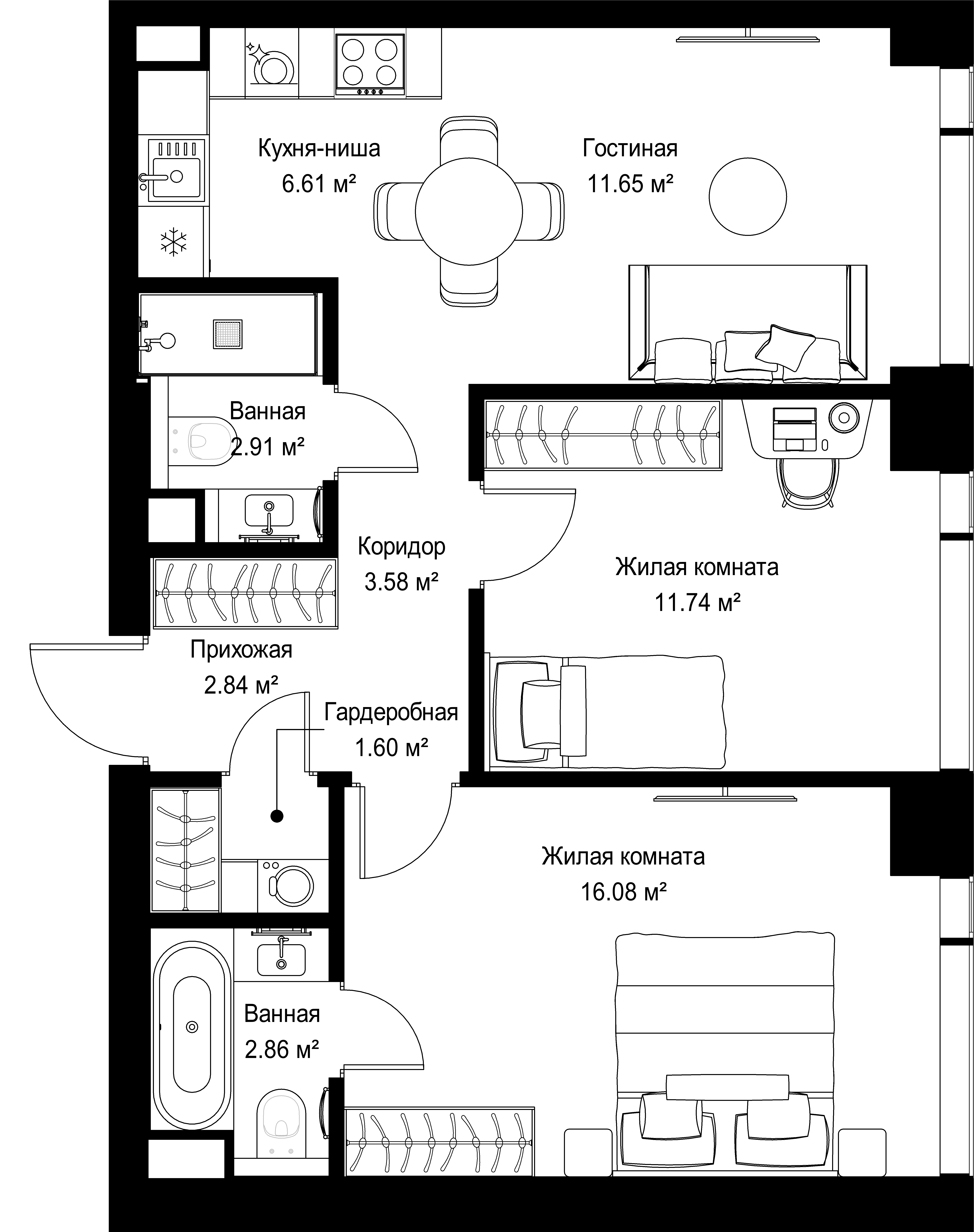 2-комнатная, 59,87 м² — 28 141 893 ₽