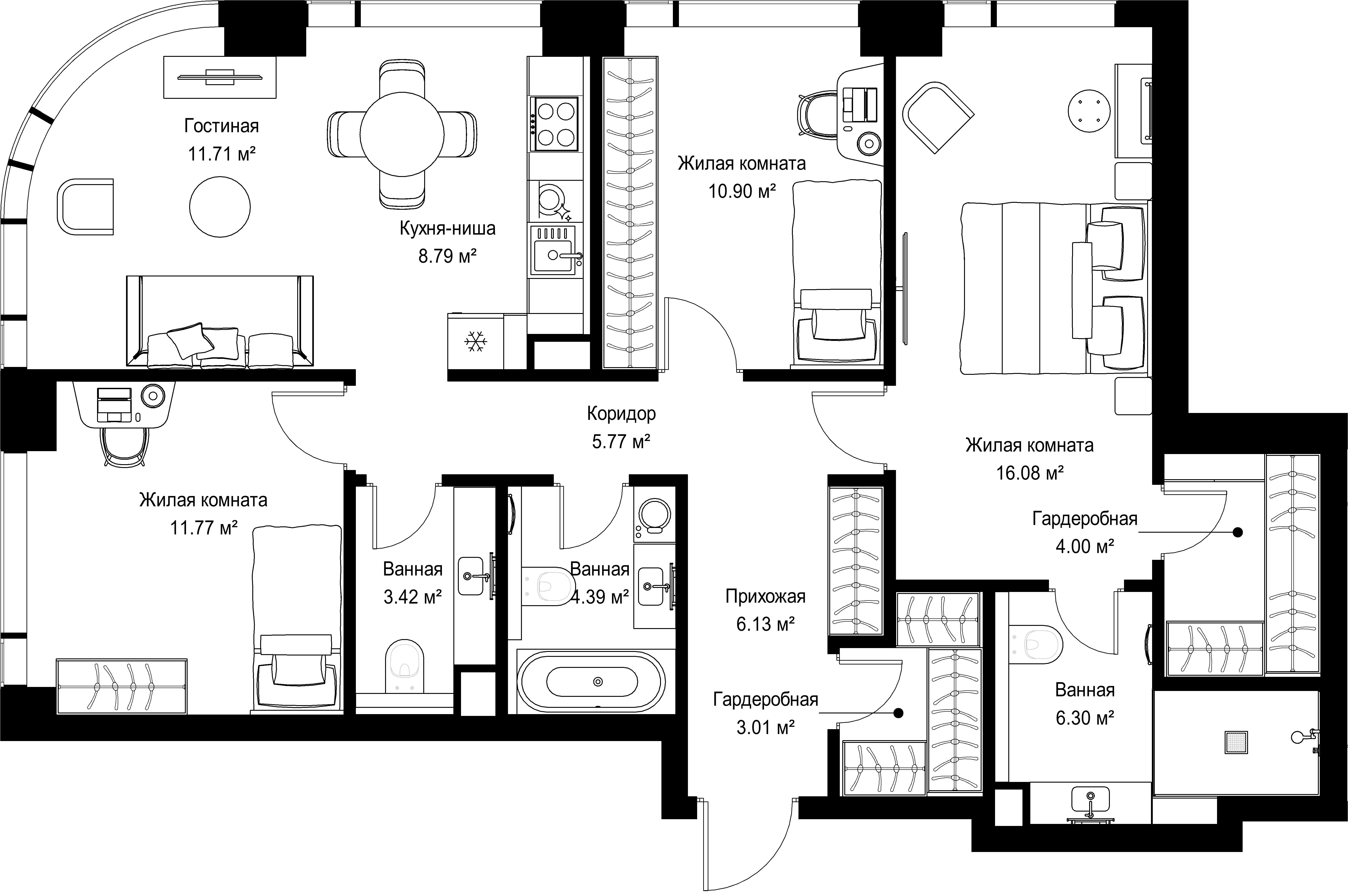 3-комнатная, 92,27 м² — 43 998 949 ₽