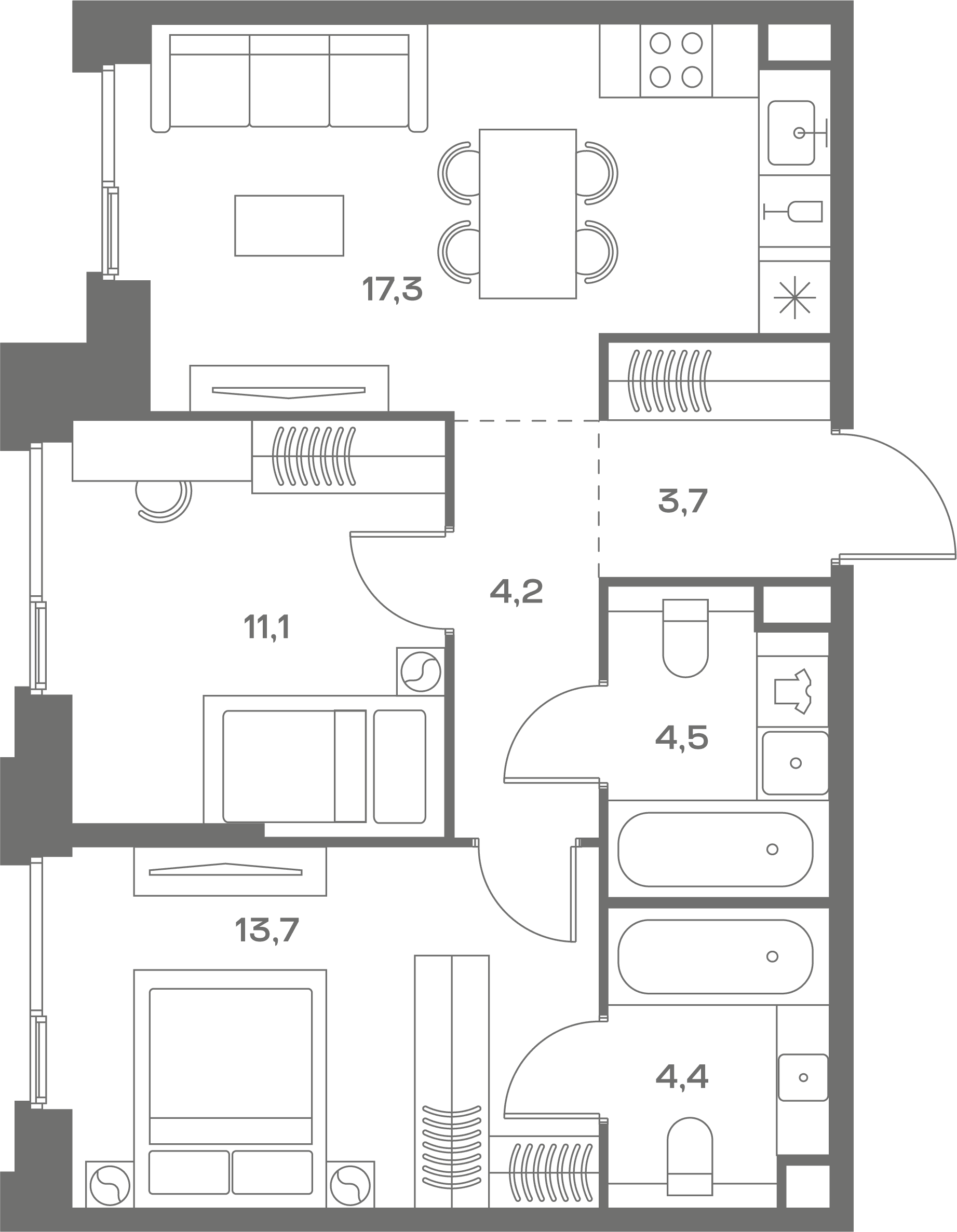 2-комнатная, 58,9 м² — 38 703 190 ₽