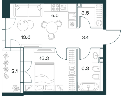 2-комнатная, 46,5 м² — 45 007 350 ₽