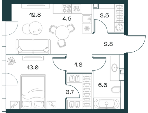 2-комнатная, 48,8 м² — 49 800 400 ₽