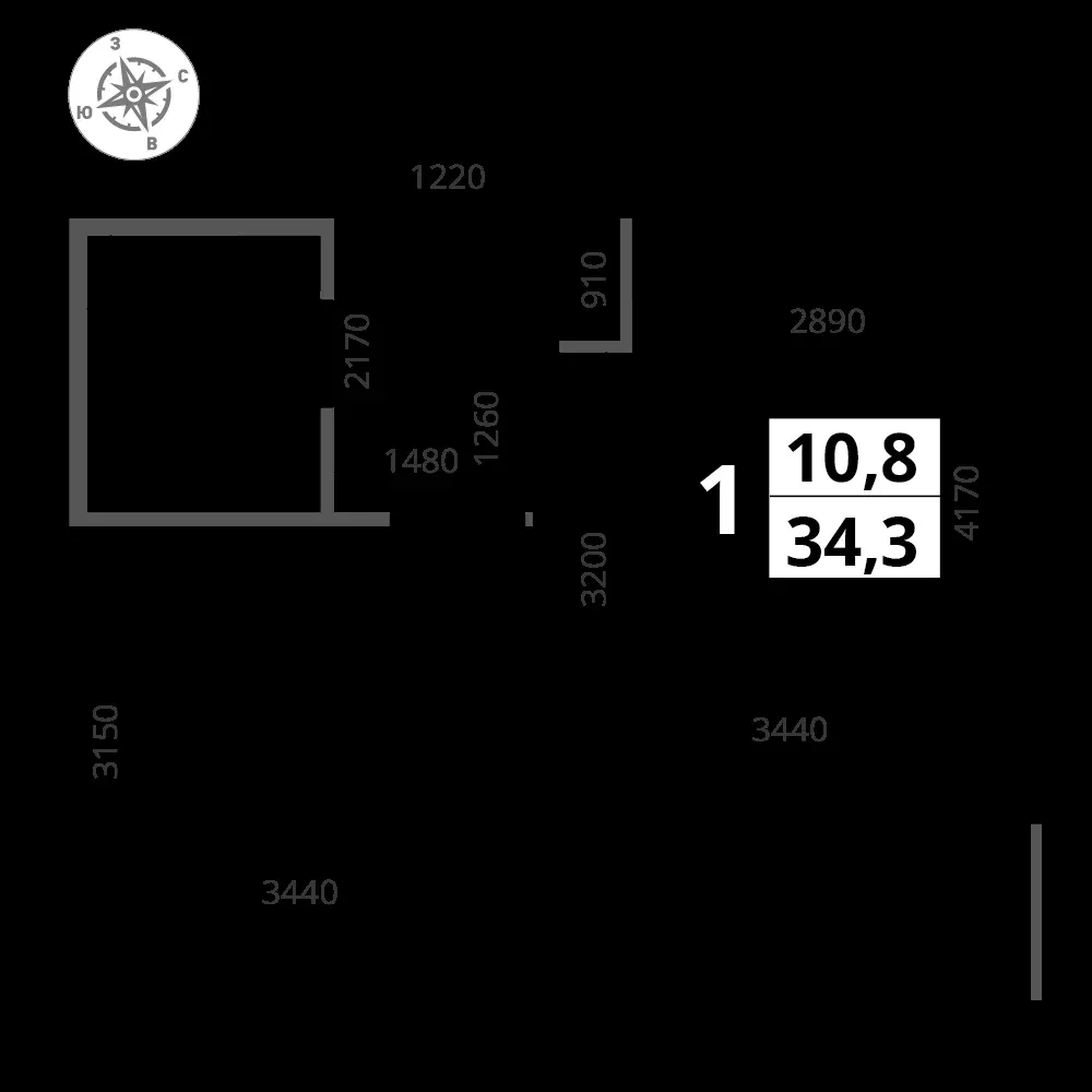 1-комнатная, 34,3 м² — 12 780 900 ₽
