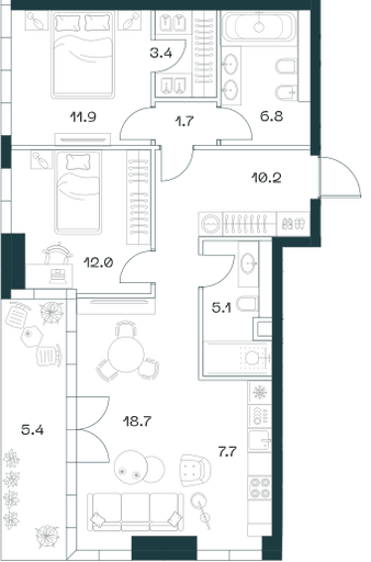 3-комнатная, 82,7 м² — 102 622 430 ₽
