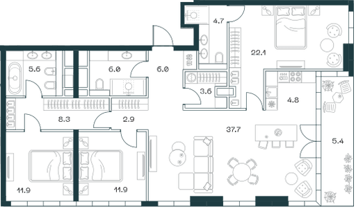 4-комнатная, 130,8 м² — 193 100 040 ₽