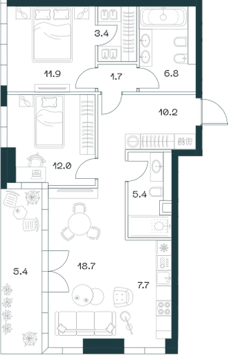 3-комнатная, 82,7 м² — 97 337 900 ₽