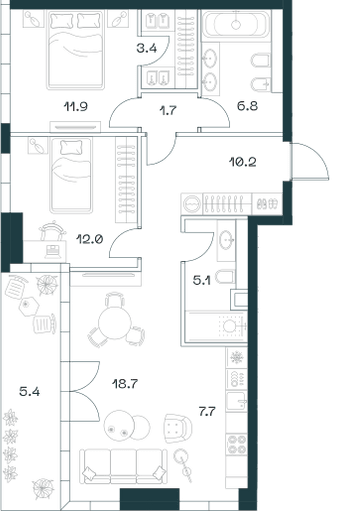 3-комнатная, 82,7 м² — 98 900 930 ₽