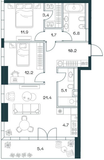 3-комнатная, 82,6 м² — 101 589 740 ₽