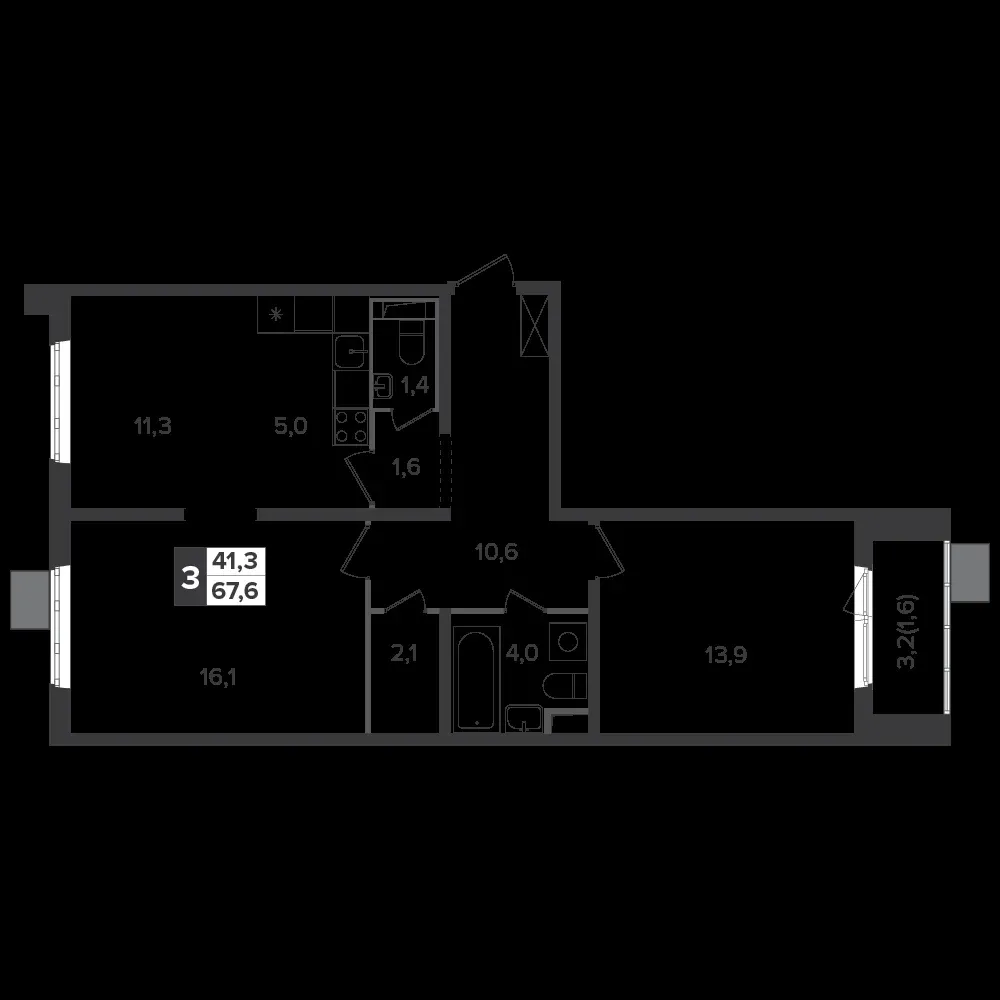 3-комнатная, 66,9 м² — 14 972 555 ₽