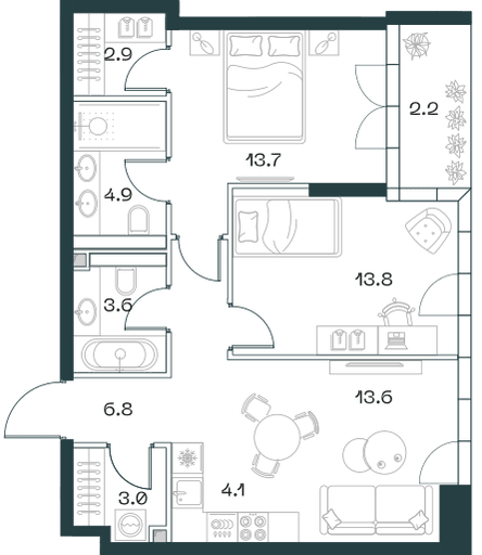 3-комнатная, 68,6 м² — 95 889 080 ₽