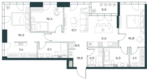 3-комнатная, 109,1 м² — 134 989 430 ₽