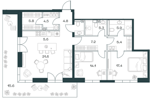 3-комнатная, 125,6 м² — 145 620 640 ₽
