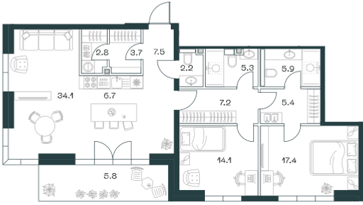 3-комнатная, 116,4 м² — 130 135 200 ₽