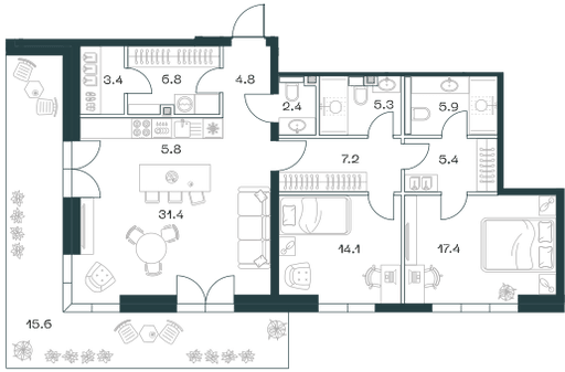 3-комнатная, 125,6 м² — 119 093 920 ₽