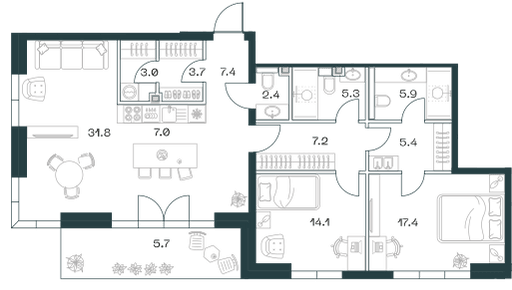 3-комнатная, 116,3 м² — 120 591 470 ₽