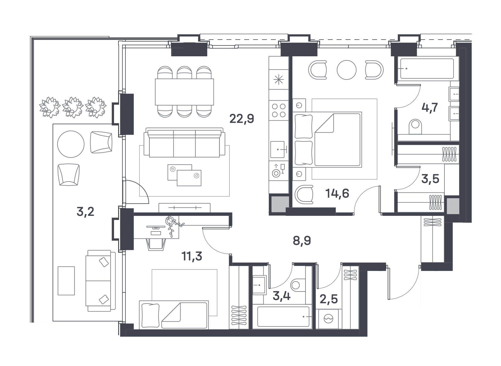 2-комнатная, 75,4 м² — 62 385 960 ₽