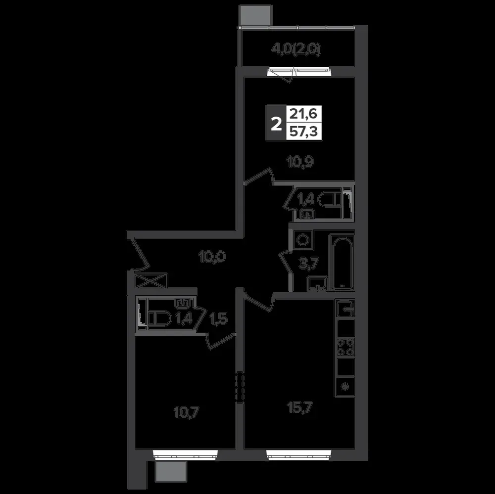 2-комнатная, 56,8 м² — 13 371 146 ₽