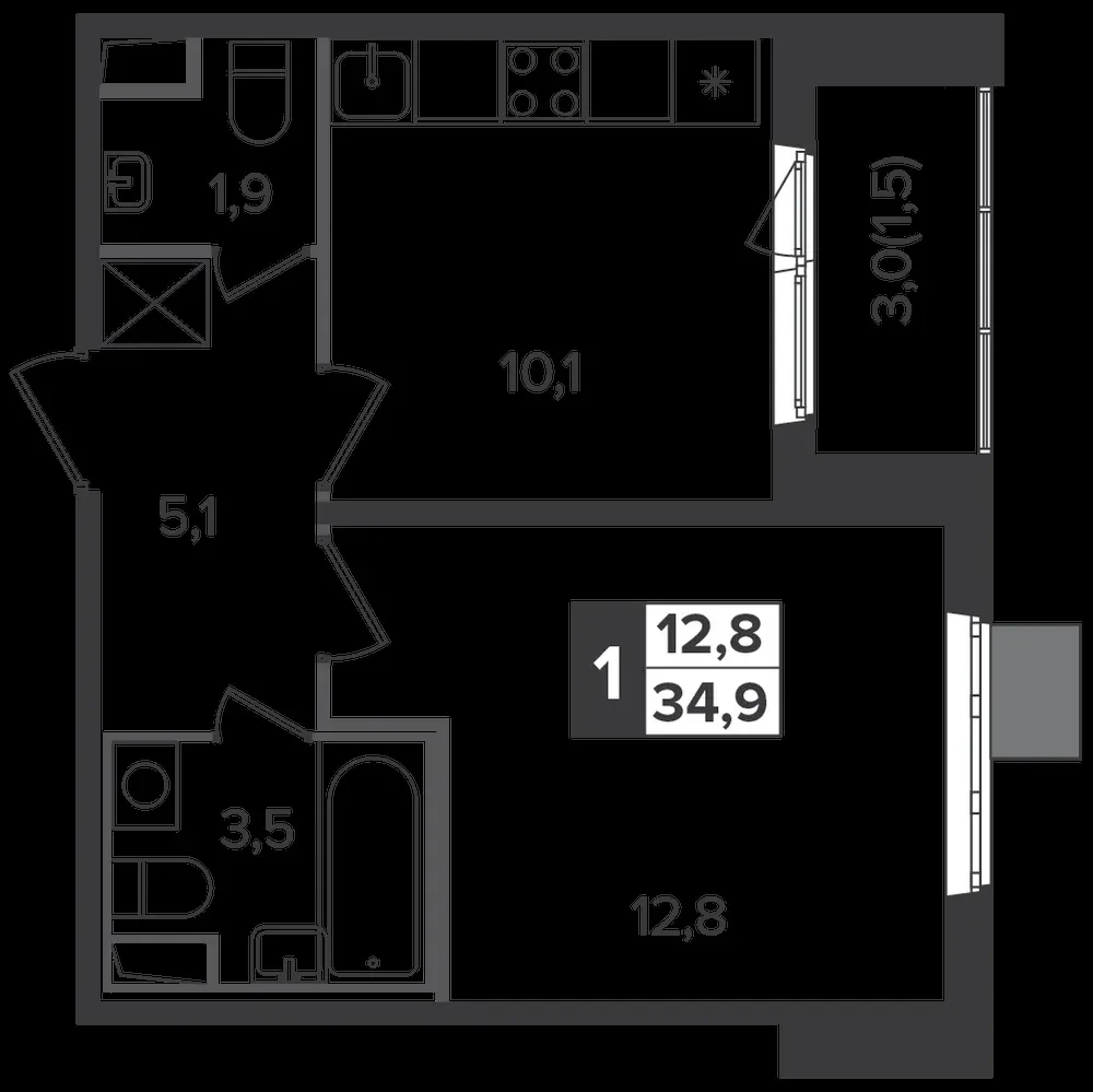 1-комнатная, 34,9 м² — 10 157 296 ₽