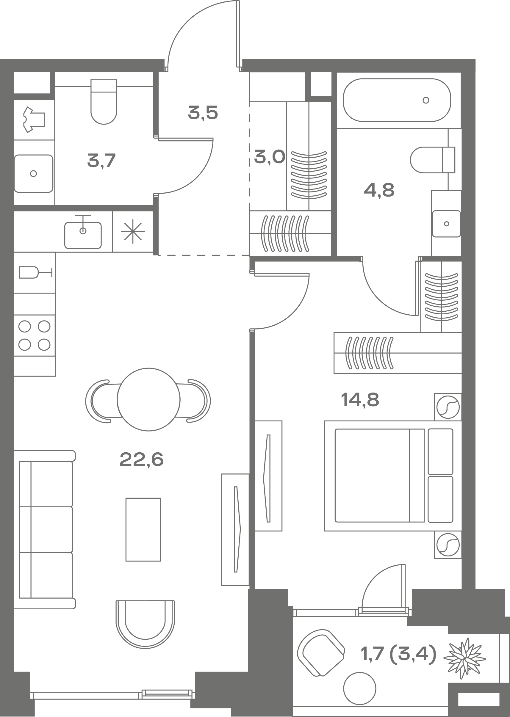 1-комнатная, 54,1 м² — 39 206 270 ₽