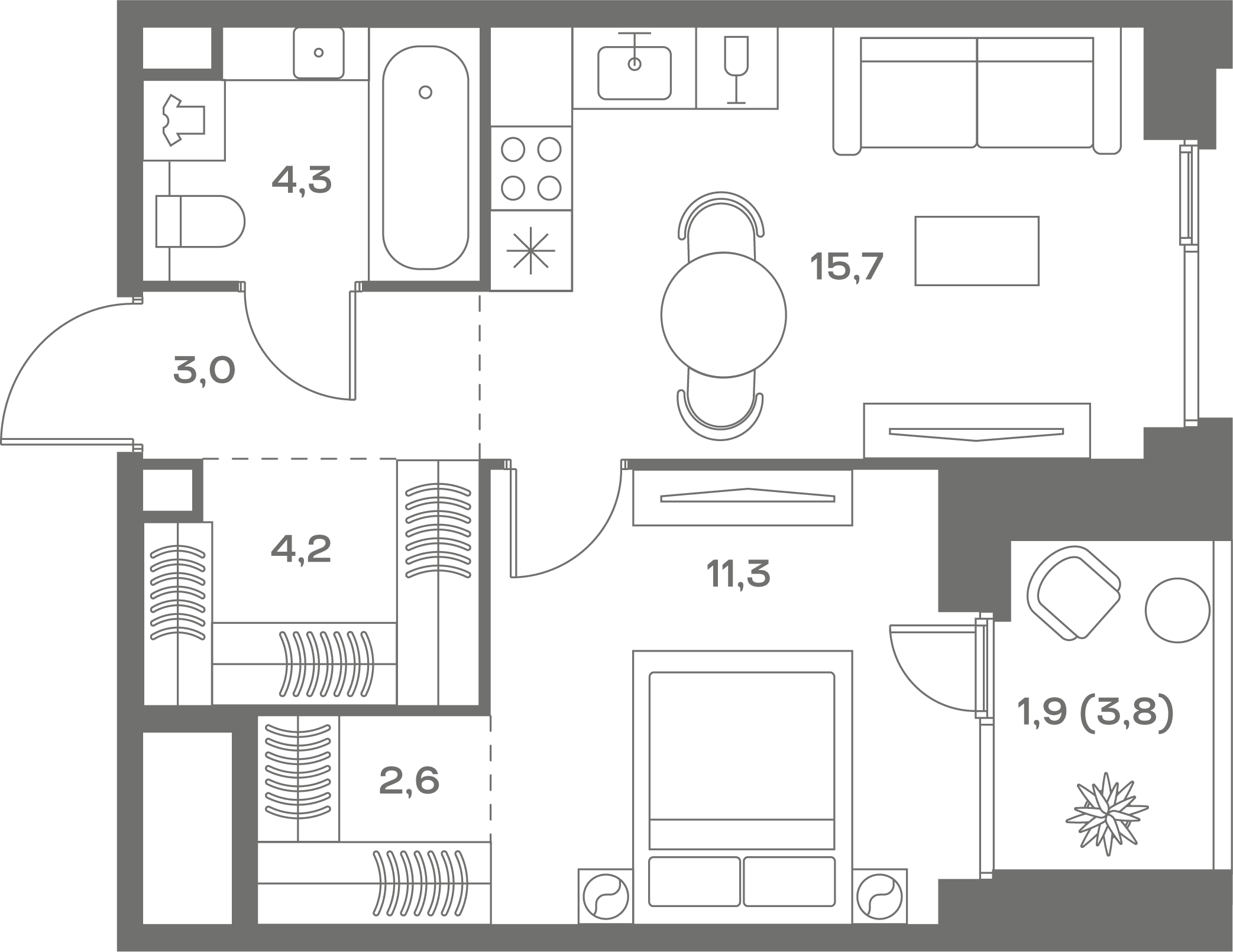 1-комнатная, 43 м² — 33 548 600 ₽