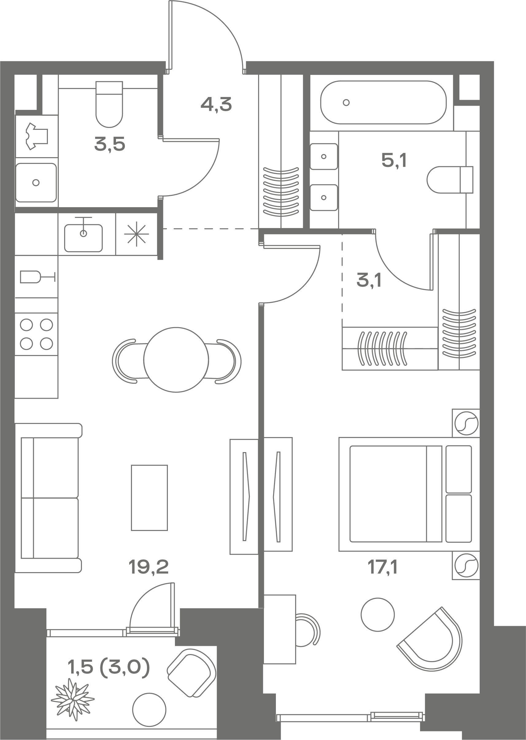 1-комнатная, 53,8 м² — 38 230 280 ₽